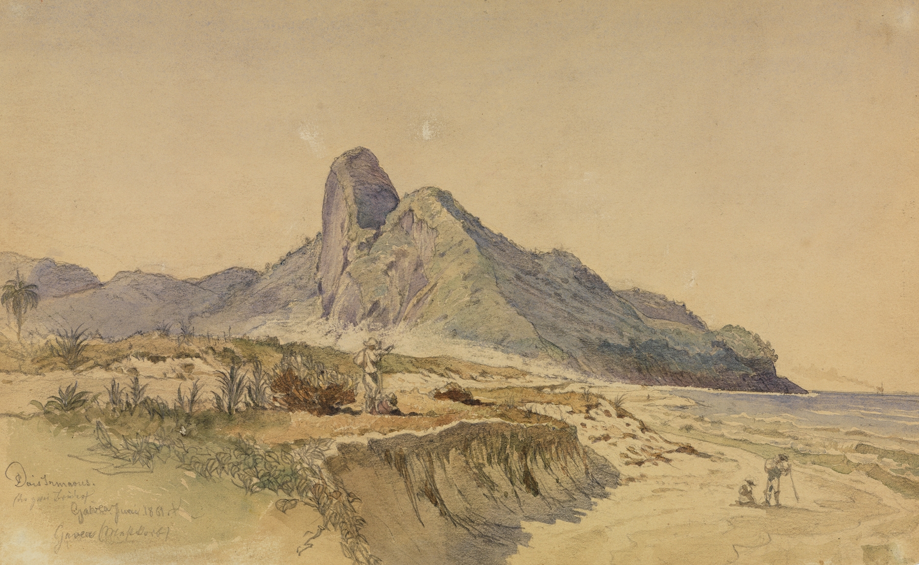 Landscape oil painting by Ferdinand Keller depicting mountains and gentle waves.