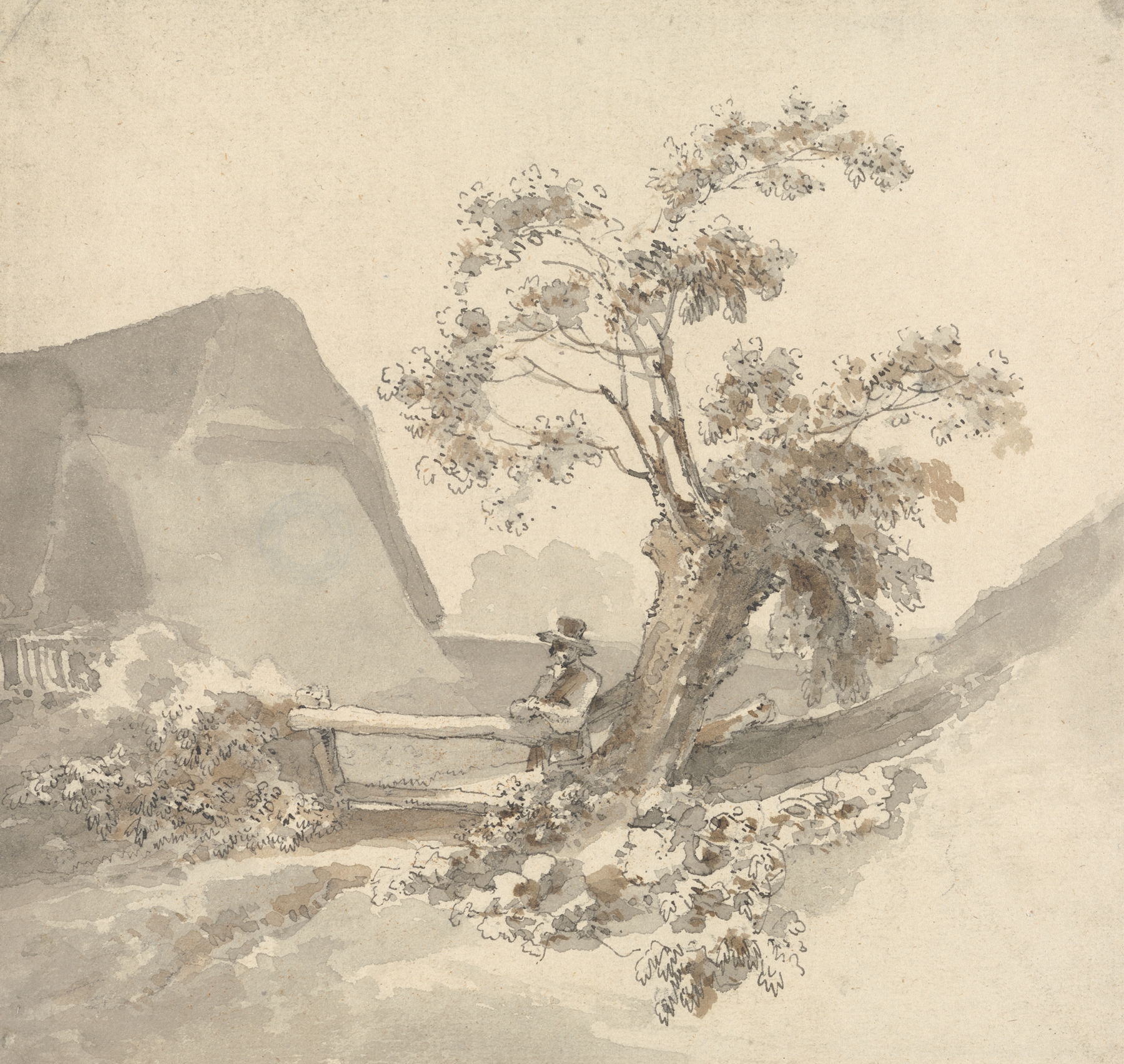 Man Beside a Stile, oil on canvas by John Thomas Smith, featuring a figure next to a stile in a desolate landscape.