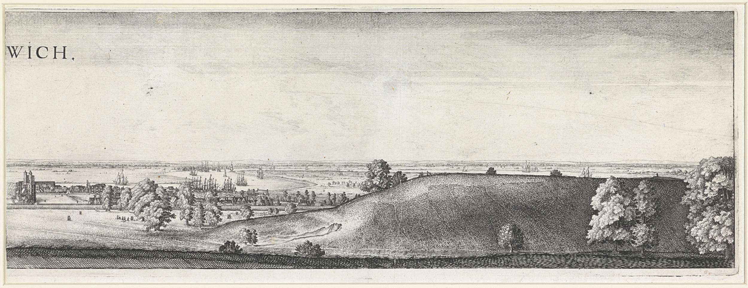 Etching by Wenceslaus Hollar depicting Greenwich with river and buildings