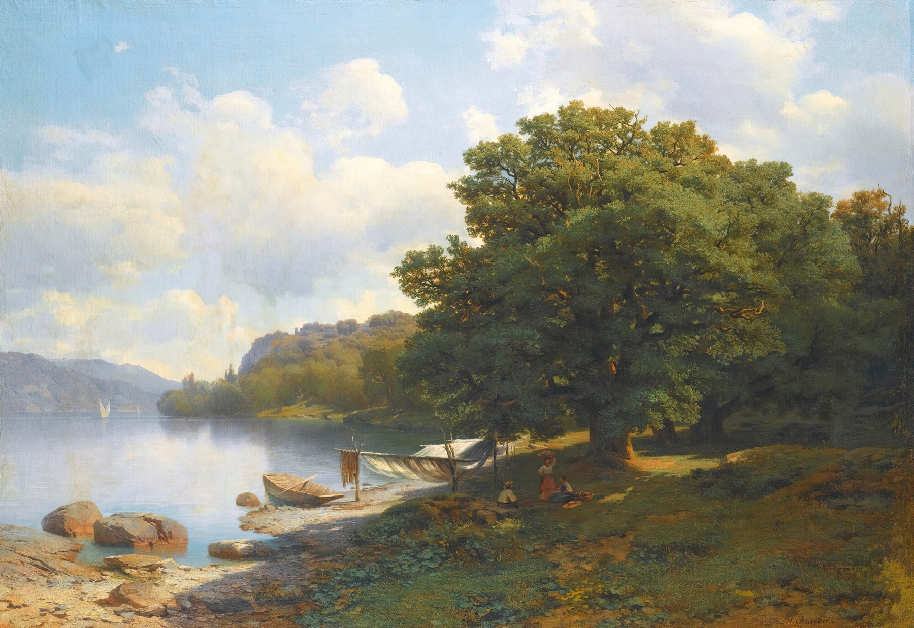 Oil on canvas by Mikhail Spiridonovich Erassi depicting a serene lake landscape.