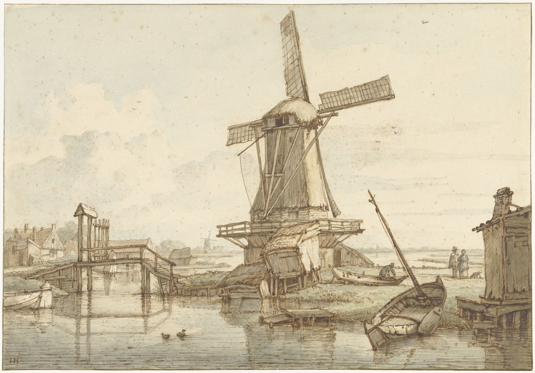 Landschap met windmolen by Jan Hulswit, oil on canvas, depicting a windmill under a cloudy sky