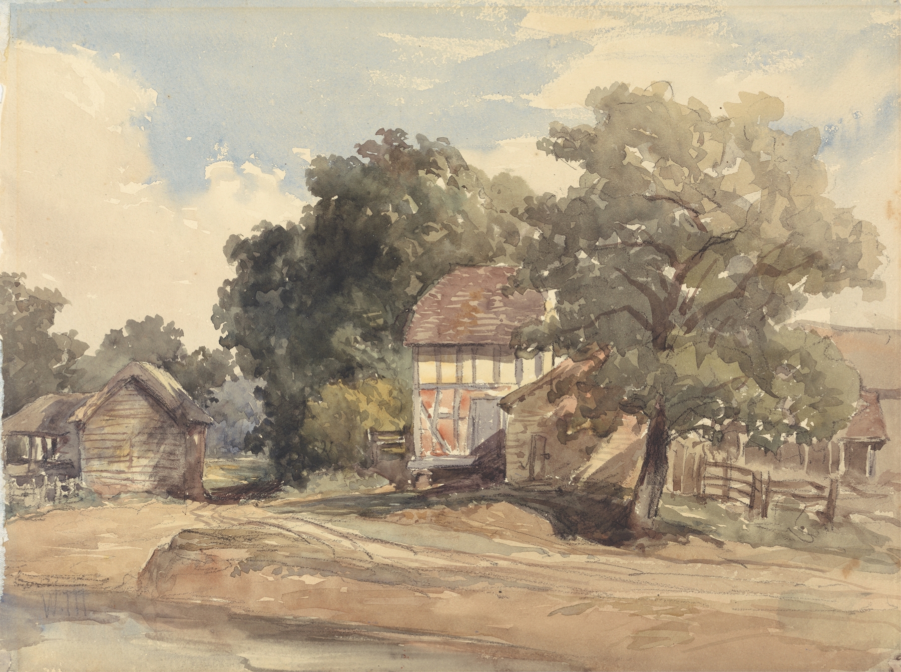 Farm Buildings by William James Müller, oil on canvas depicting rural structures and nature.