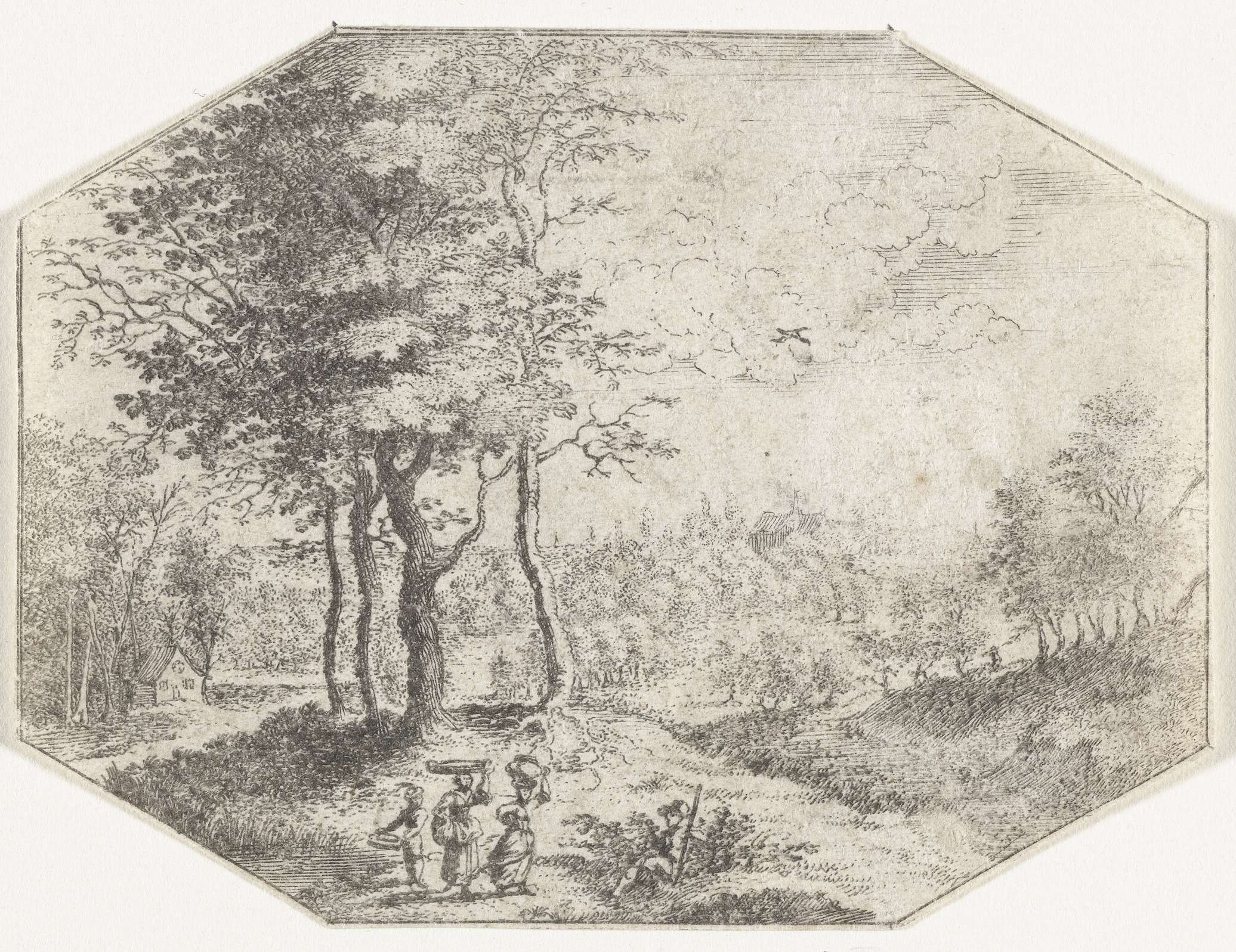 Etching by Unknown Artist depicting a landscape with two women and a child gathering flowers.