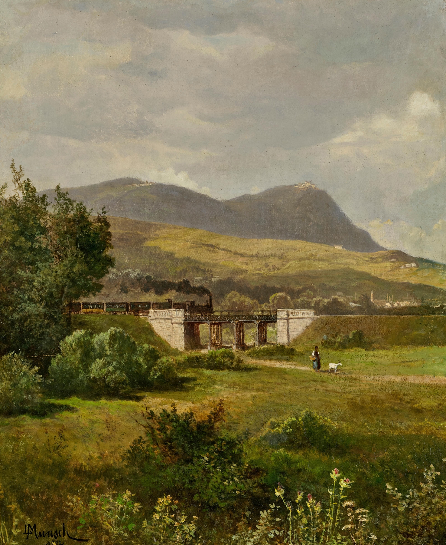 A steam train in a landscape, oil painting by Leopold Munsch