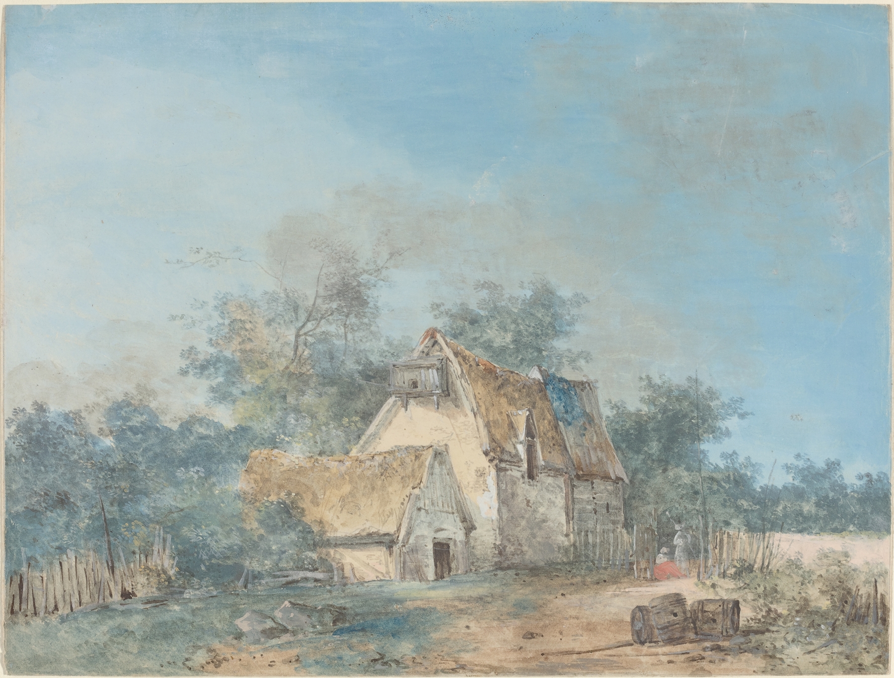 Landscape by Louis Gabriel Moreau, oil painting depicting a river and vibrant nature.