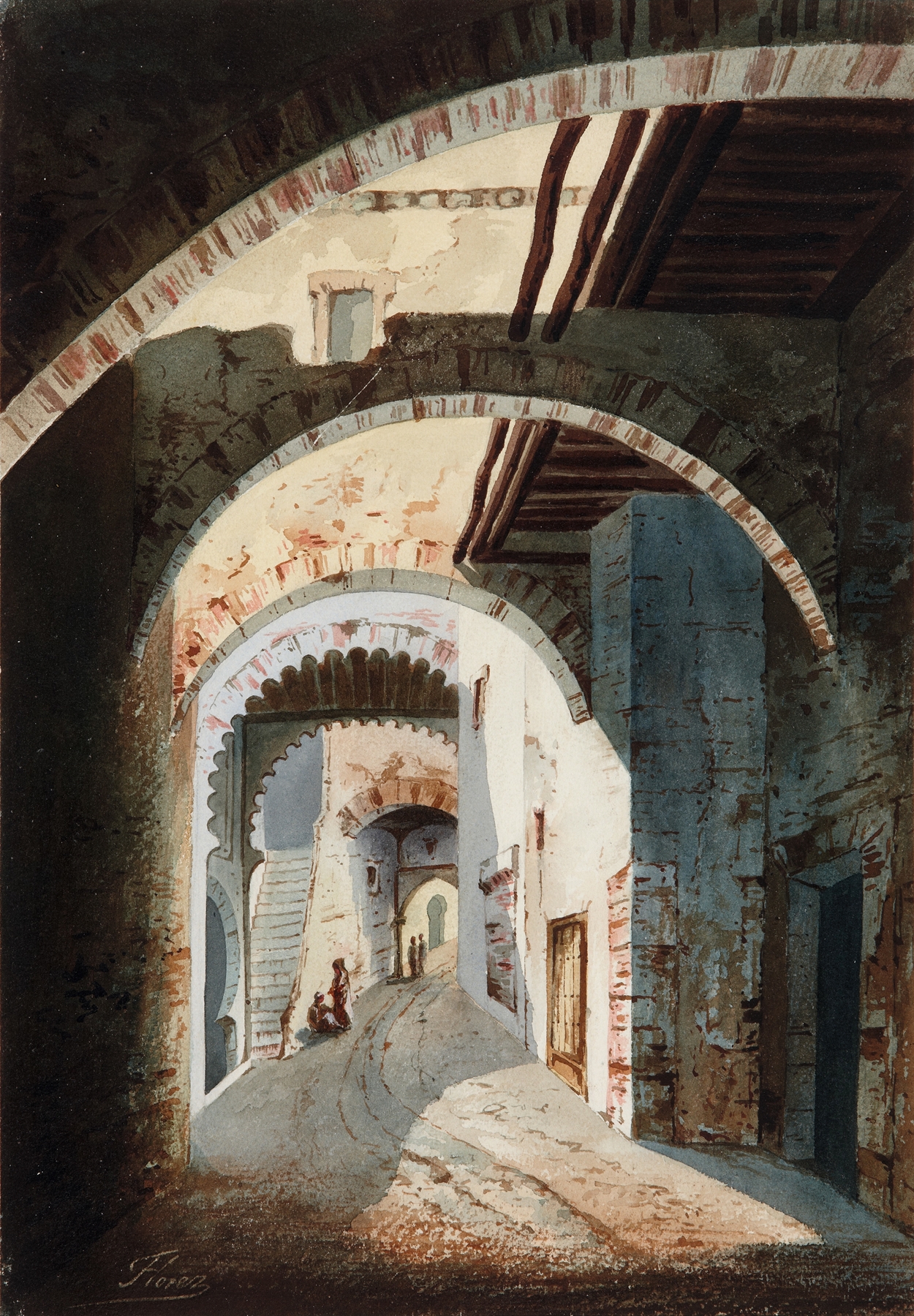 Street in Tétouan by Eduardo Flórez Ibáñez, oil on canvas depicting a vibrant street scene.
