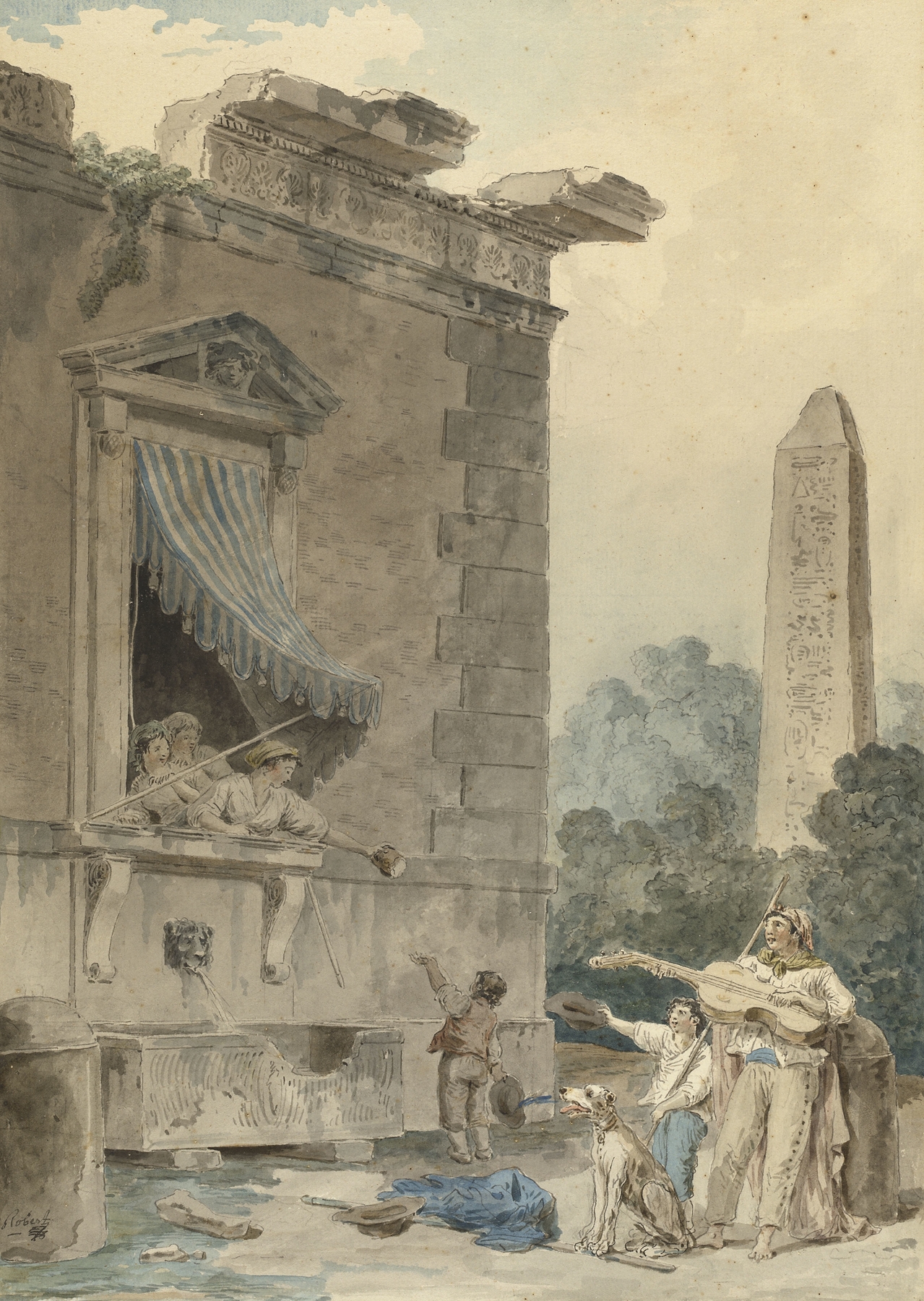 Charitable Ladies, oil on canvas by Hubert Robert, featuring figures engaged in charity.