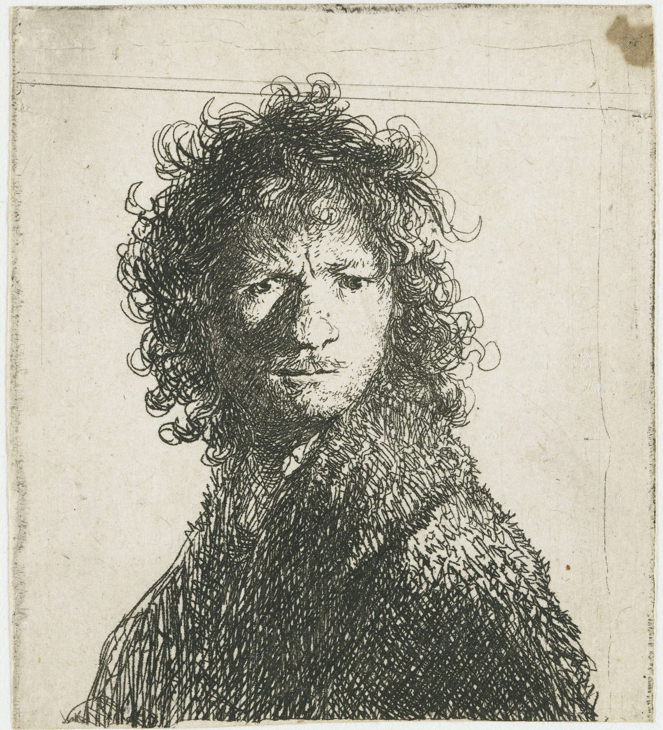 Self-portrait, frowning: bust, by Rembrandt van Rijn, public domain
