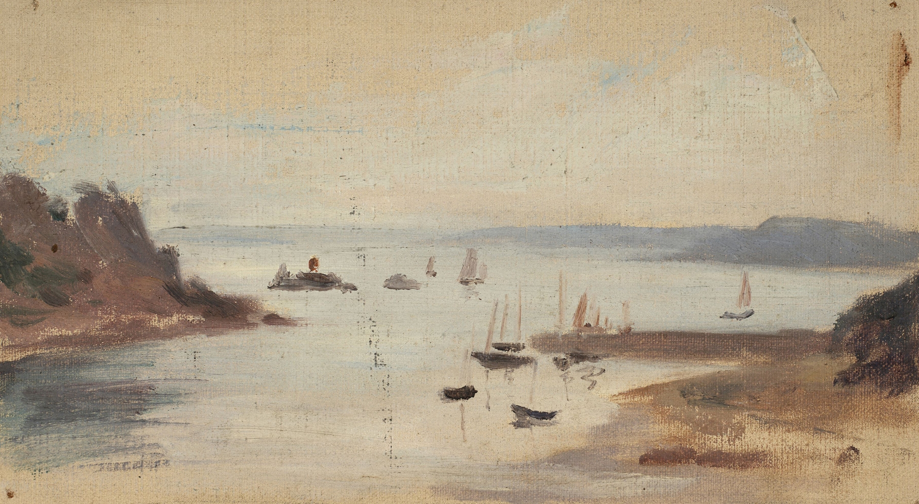 Marine scene with a sailboat reflecting on water, oil painting by Jeanne Jegou-Cadart