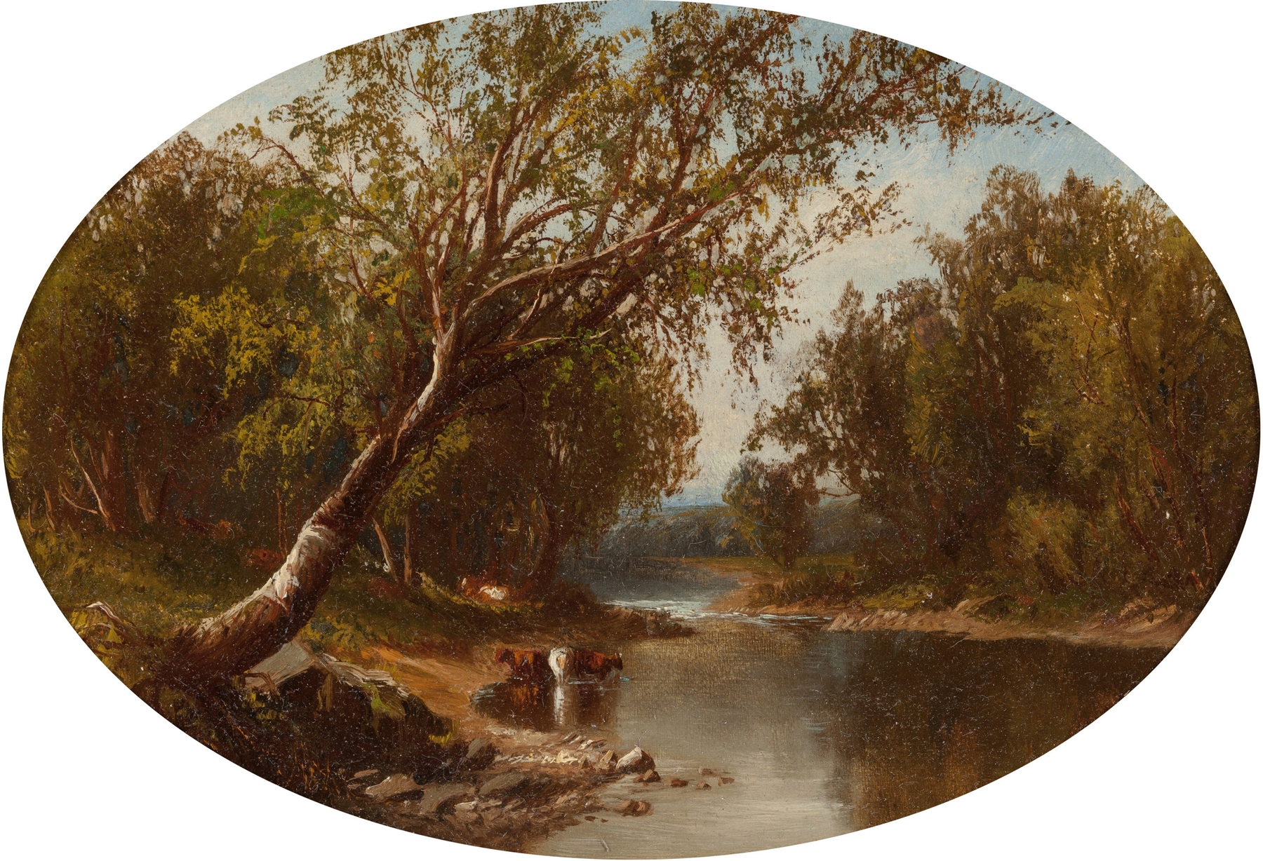 Cattle Watering, Realism, American School, depicting cattle by a river in a tranquil landscape
