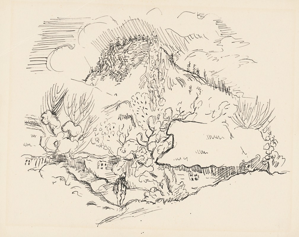 A painting titled 'Muž za dedinou' by Arnold Peter Weisz-Kubínčan depicting a rural scene.