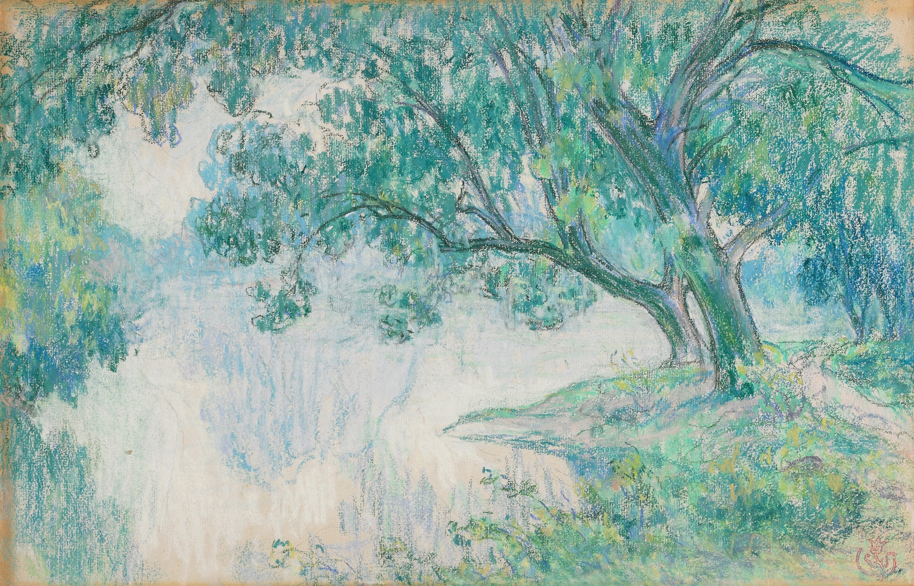 Landscape with Pond by Émile Schuffenecker, oil painting depicting a tranquil pond and vibrant sky.