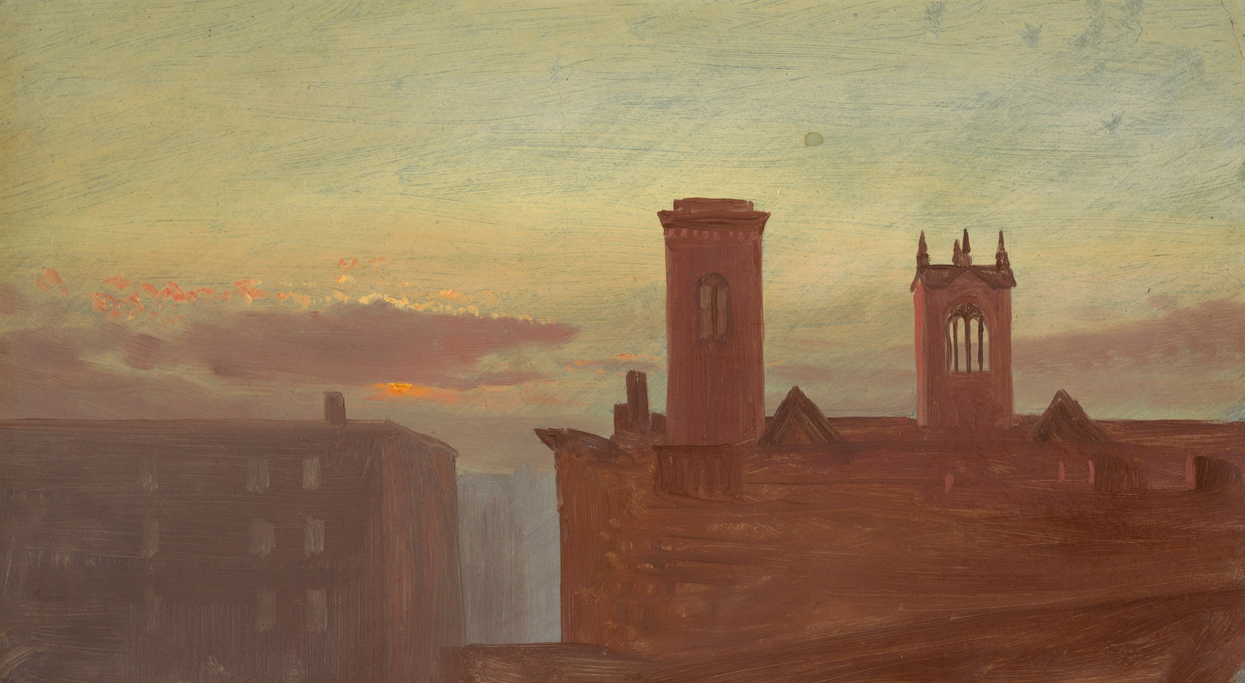 Rooftops in a lush landscape under a serene sky, oil painting by Frederic Edwin Church