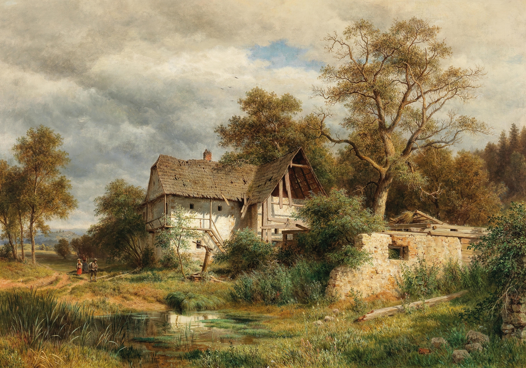 A dilapidated farmyard in the Laabach Valley, oil painting by Ludwig Halauska