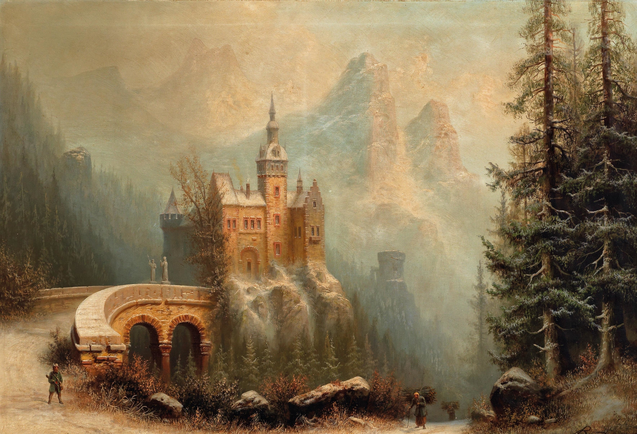 Winter landscape with a castle and mountains by Albert Bredow, oil painting