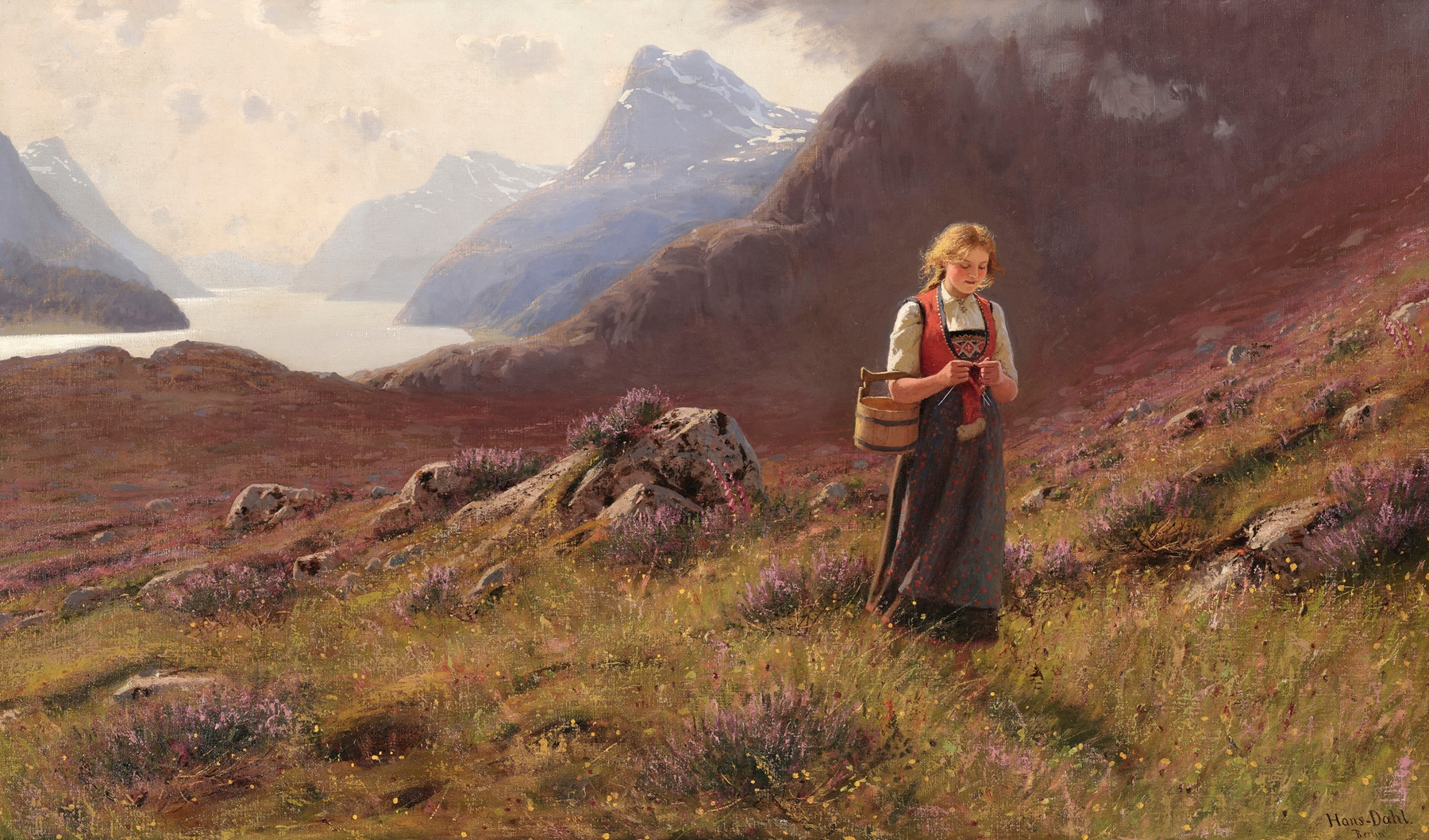 A girl knitting in a Norwegian landscape, oil on canvas by Hans Dahl