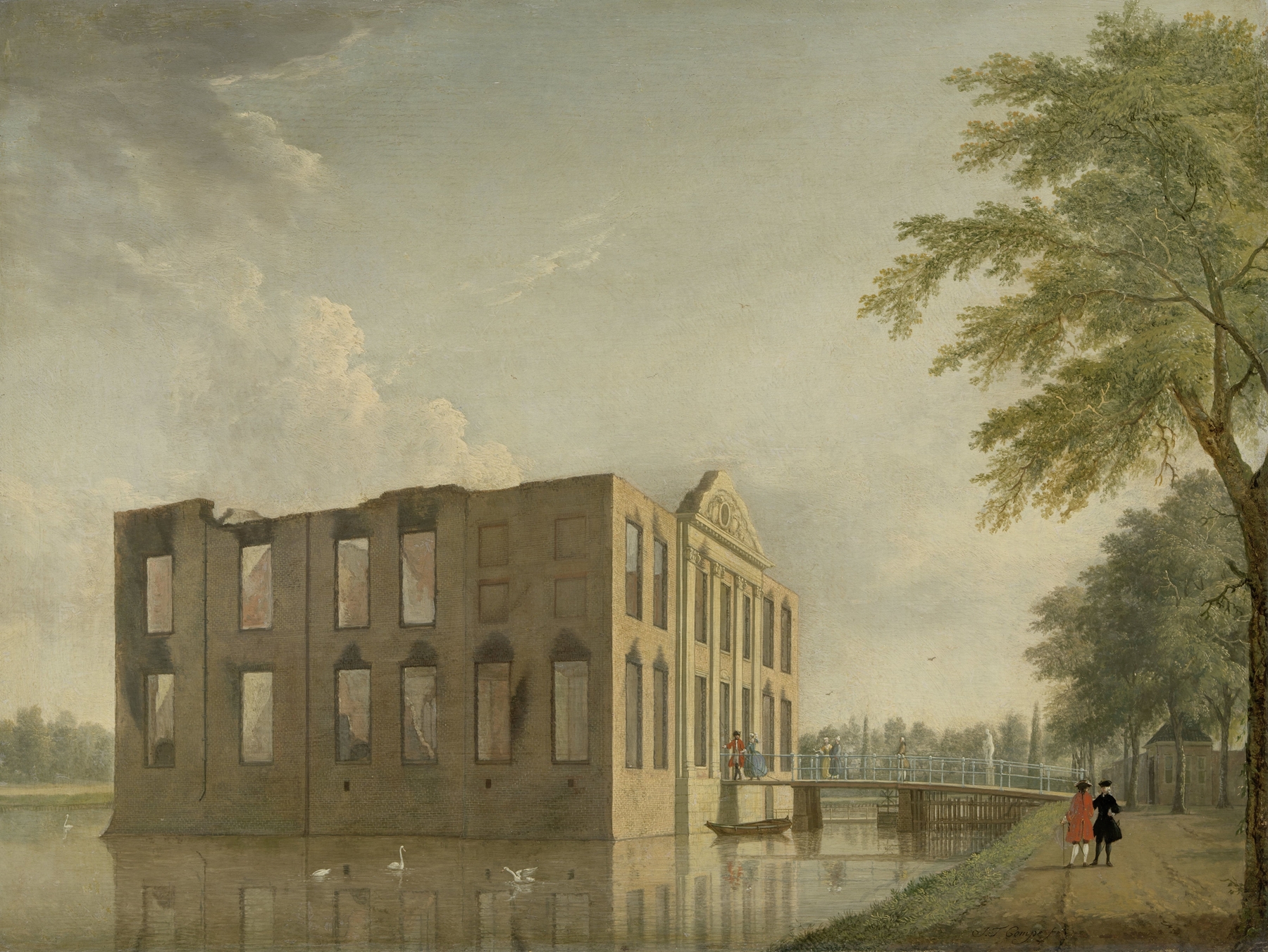 Berckenrode Castle in Heemstede after the Fire, oil painting by Jan ten Compe