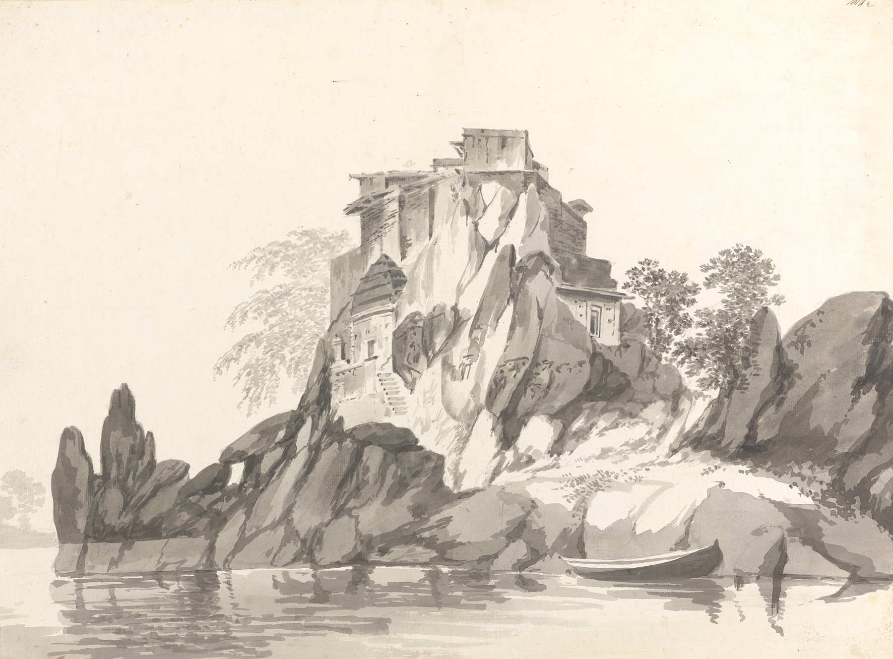 Lush landscape with hills and river by William Hodges, ink on paper