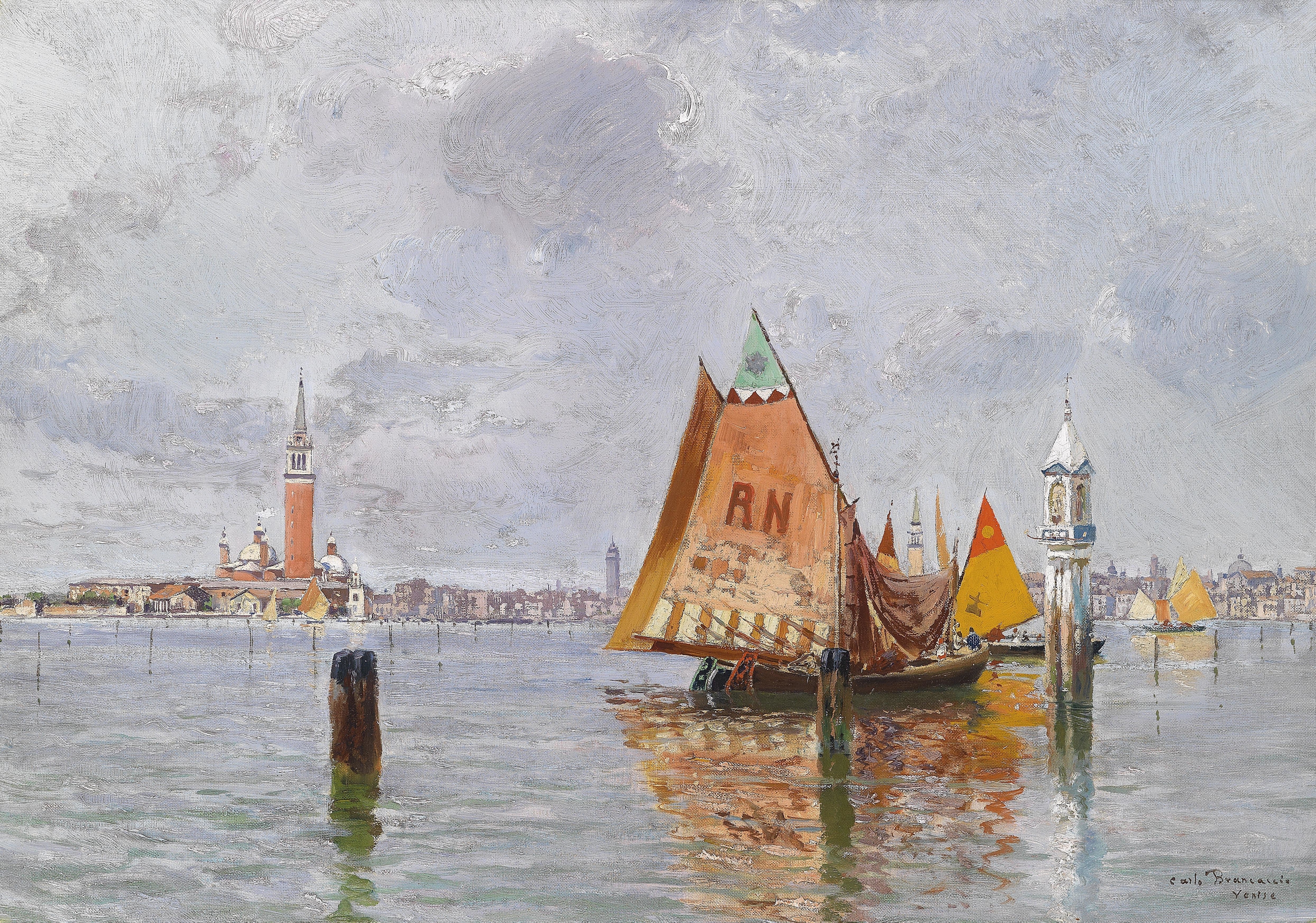 Fischerboote In Der Lagune Von Venedig by Carlo Brancaccio, oil painting of fishing boats in a lagoon.