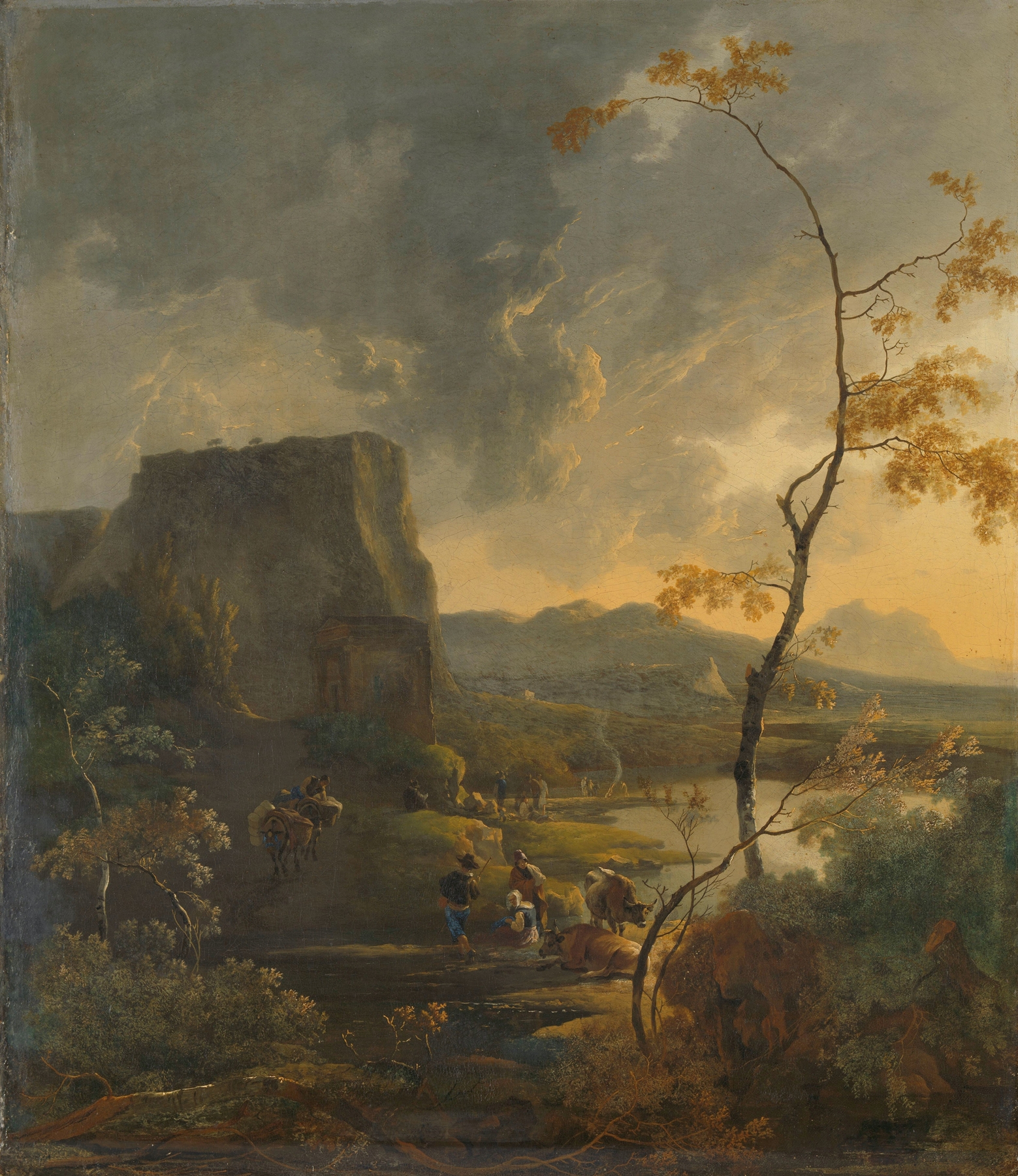 Italian Landscape with Ancient Tempietto by Adam Pynacker, oil on canvas, showcasing a tempietto surrounded by greenery.