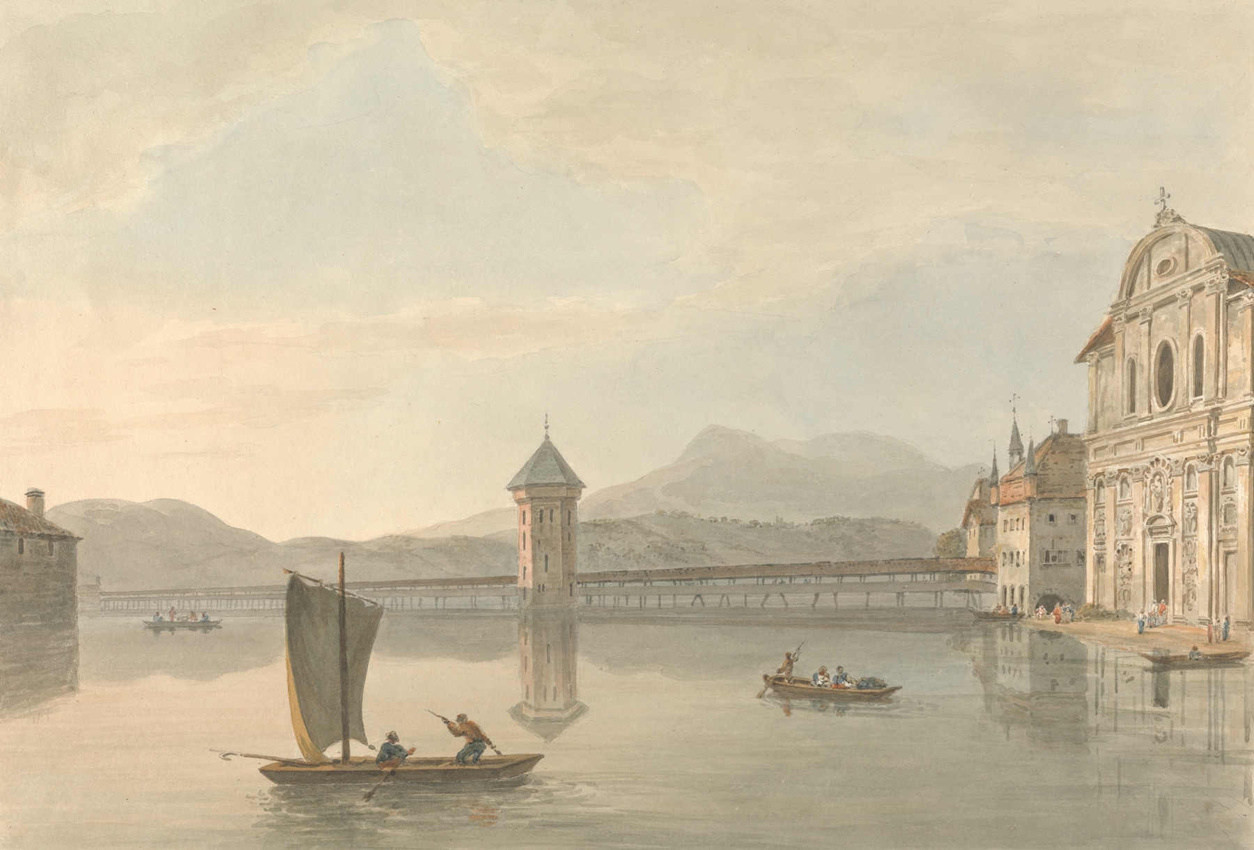View at Lucerne; The Jesuits College, oil on canvas by Samuel Davis, depicting a serene landscape with hills and a college.