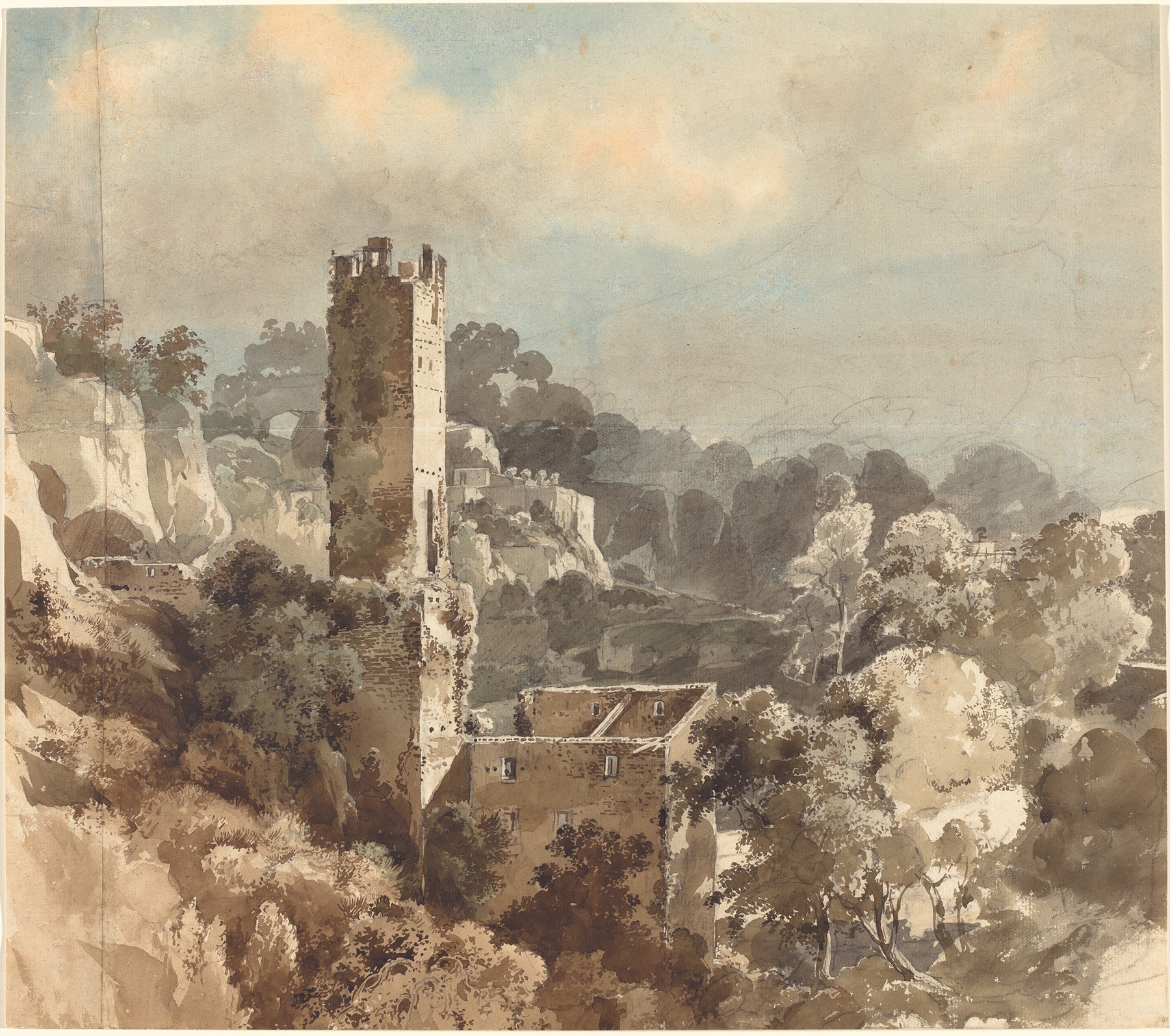 Ruins of a fortified tower among wooded hills, oil painting by Friedrich Salathé