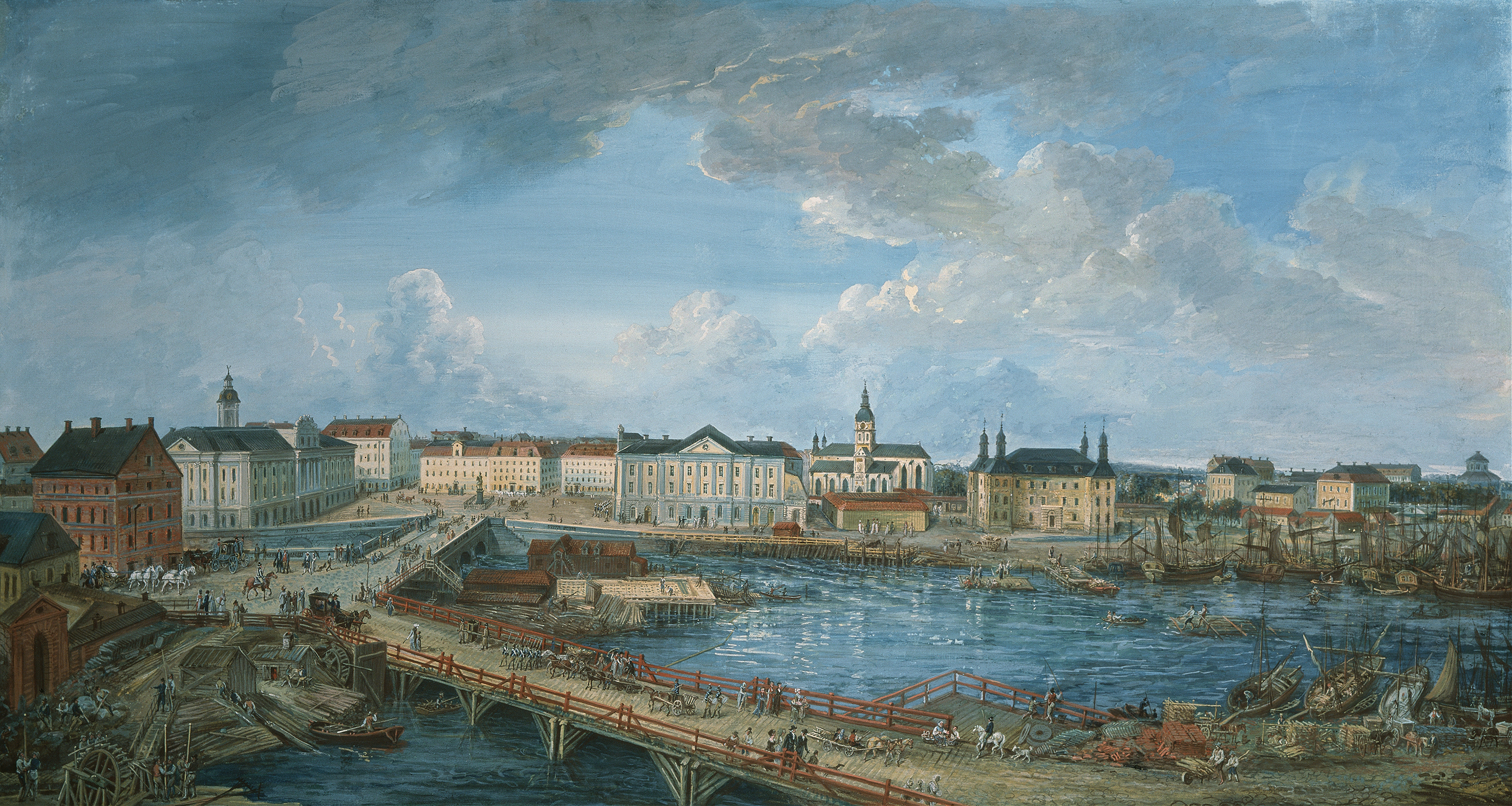 View of Stockholm V by Elias Martin, oil painting depicting a serene bay with soft blues and greens.