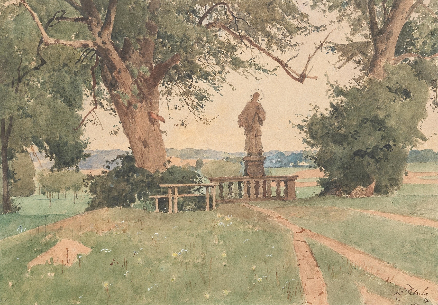 Landschaft mit Nepomuk-Statue by Eduard Zetsche, oil on canvas depicting a statue in a landscape.