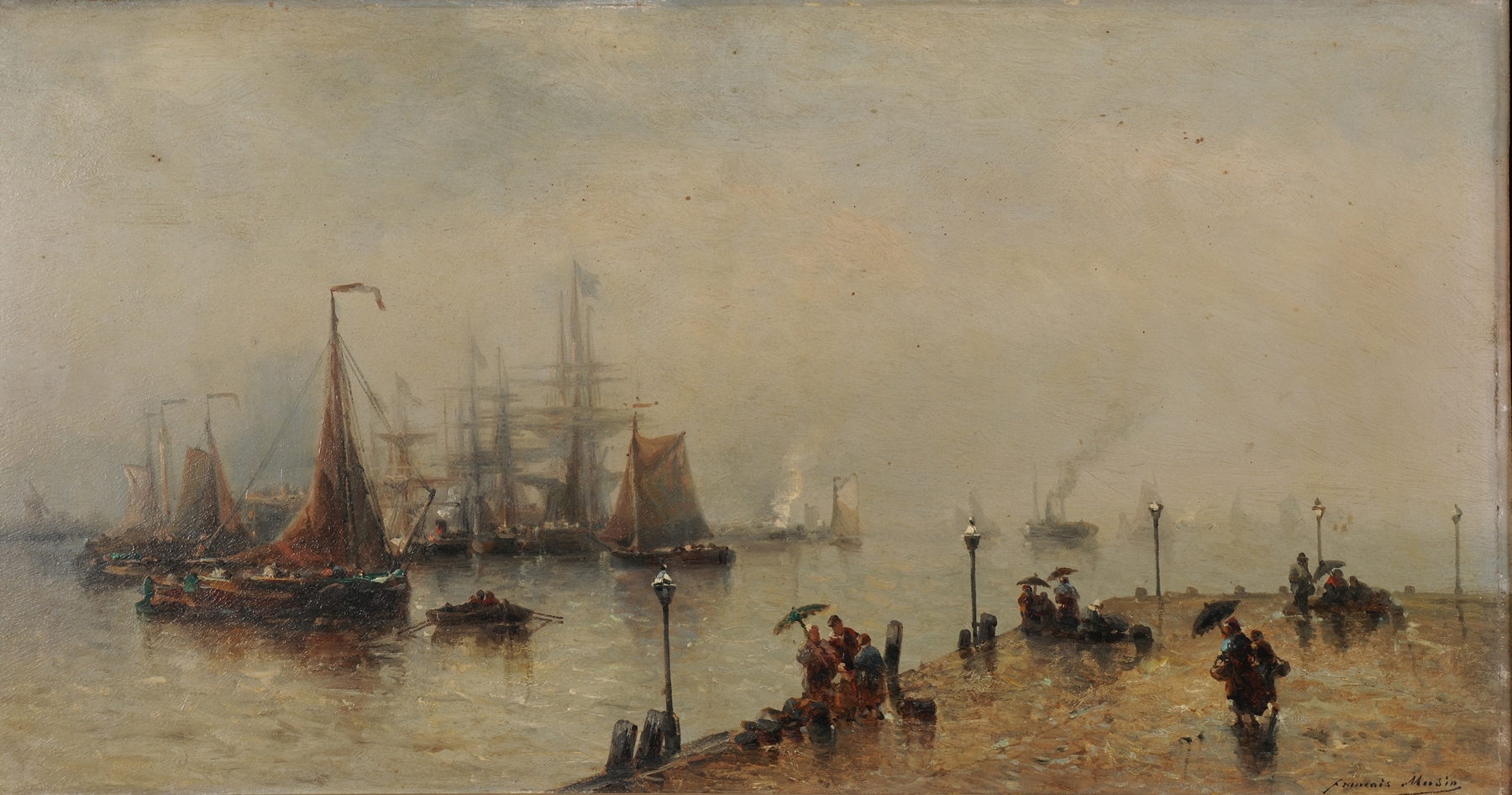 Quai à Flessingue, journée de pluie by François Musin, oil on canvas depicting a rainy quay scene.