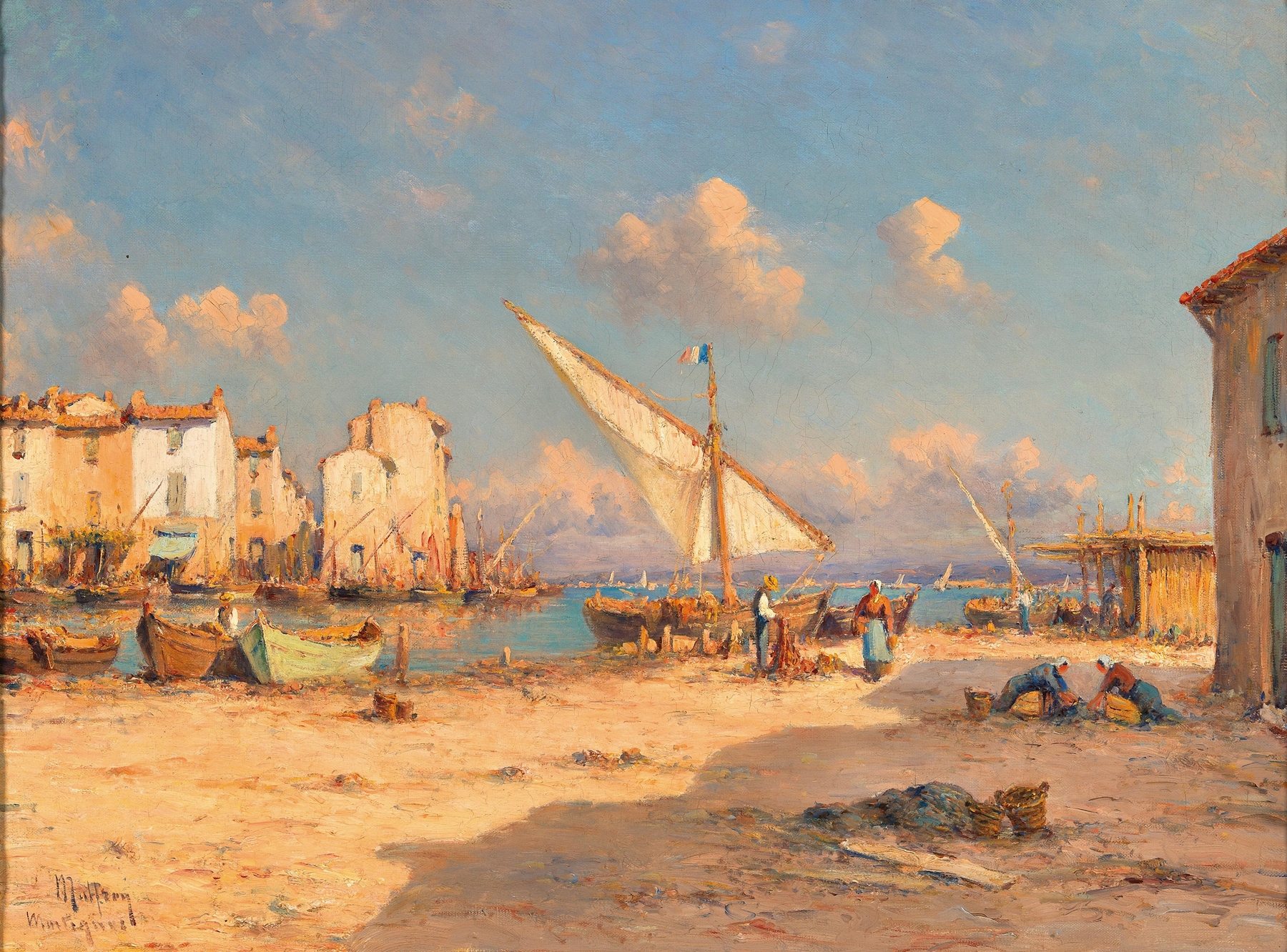 A View of Martigues by Henry Malfroy, oil painting depicting a serene landscape with calm waters and pastel skies.