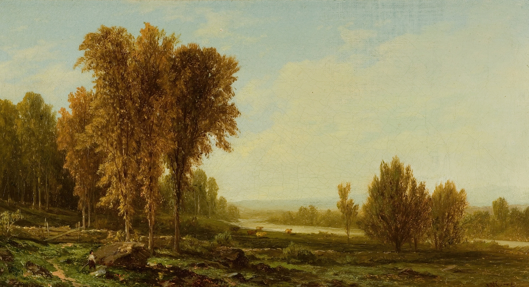 Going for the Herd by John William Casilear, oil on canvas showing a figure walking towards cattle.