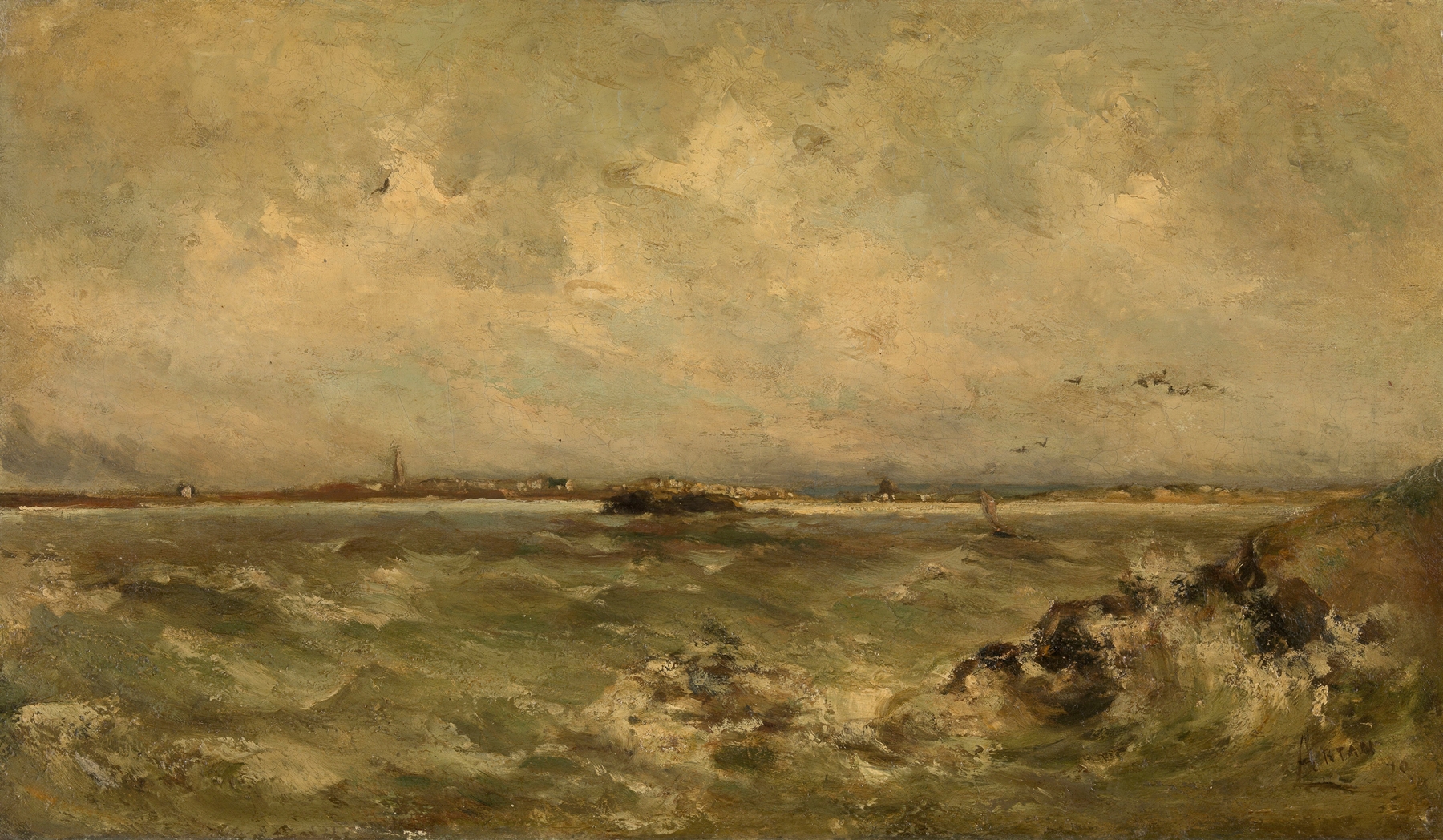 Seascape by Louis Artan, oil on canvas showing turbulent waves crashing on a rocky shoreline.