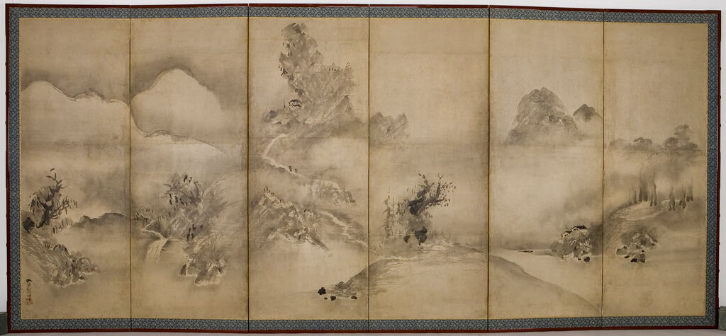 River landscape in ink on paper by Shūgetsu Tōkan