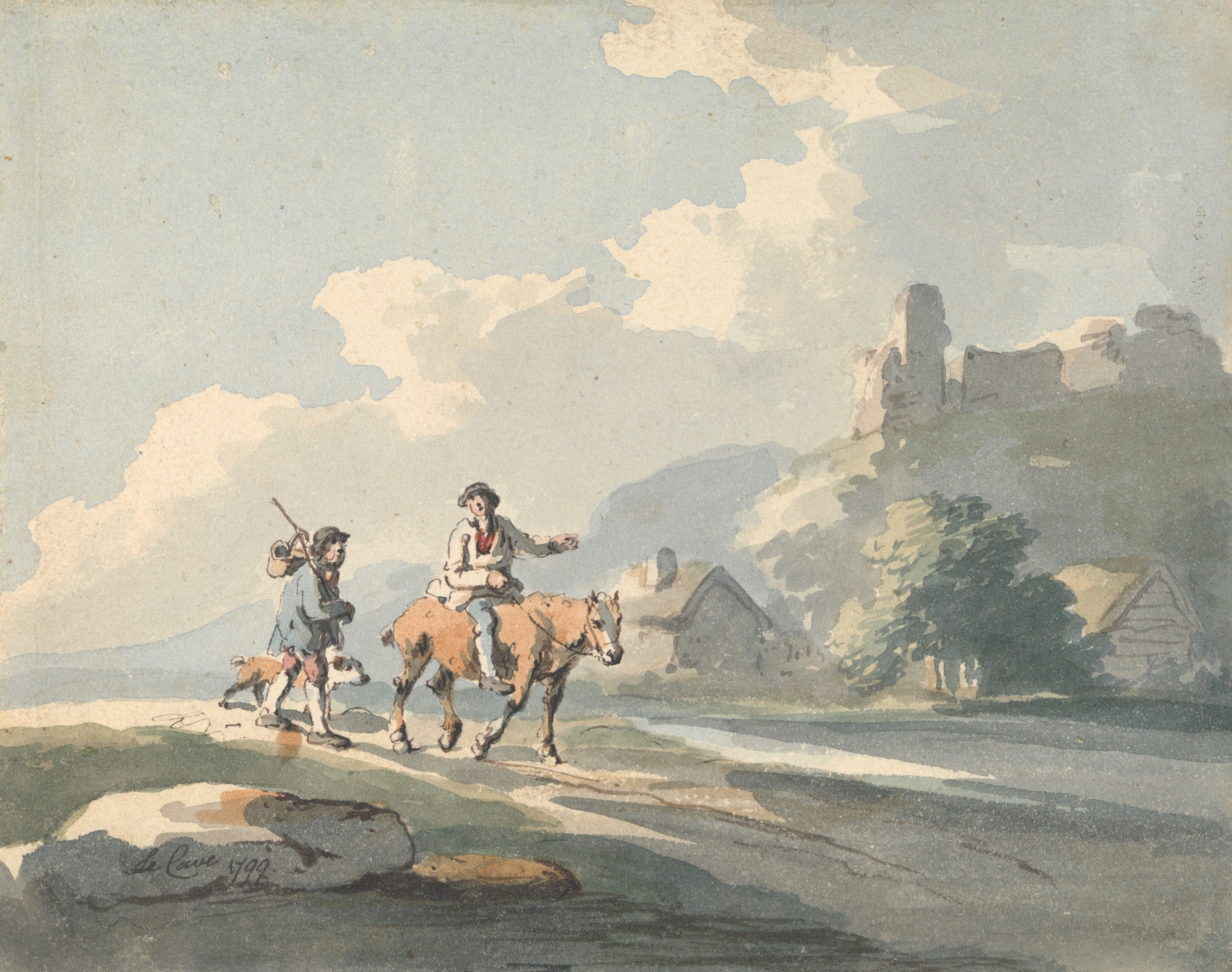Oil painting by Peter La Cave showing two travelers and a dog on a road with cottages and ruins.