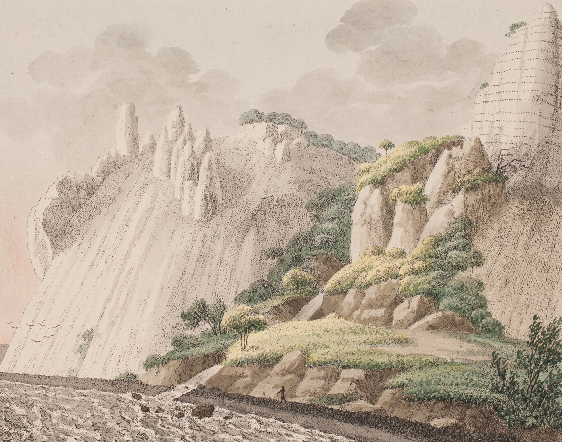 Landscape depicting cliffs and sea by Søren L. Lange, oil painting