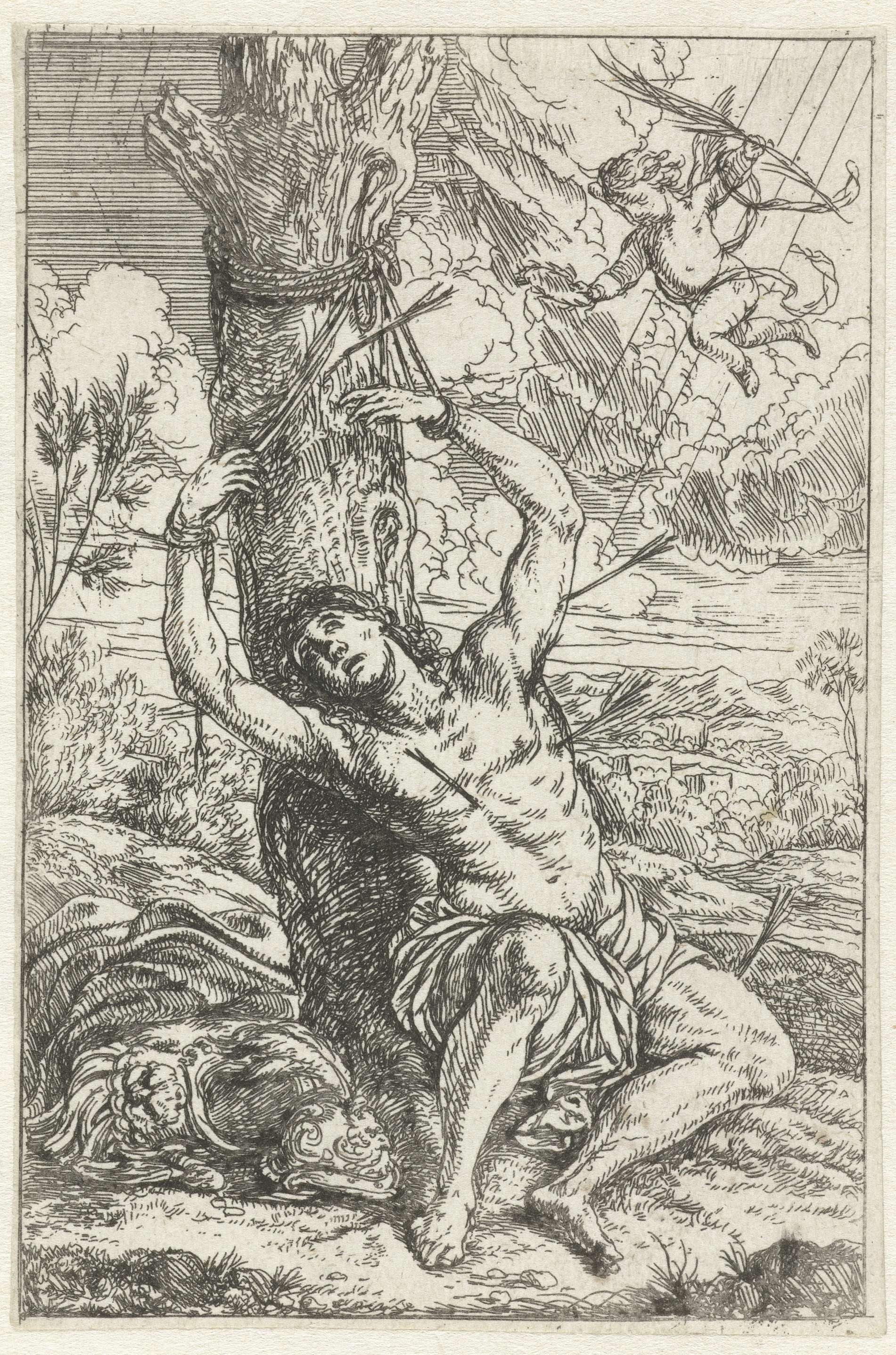 Saint Sebastian with arrows in his body, etching by Jonas Umbach