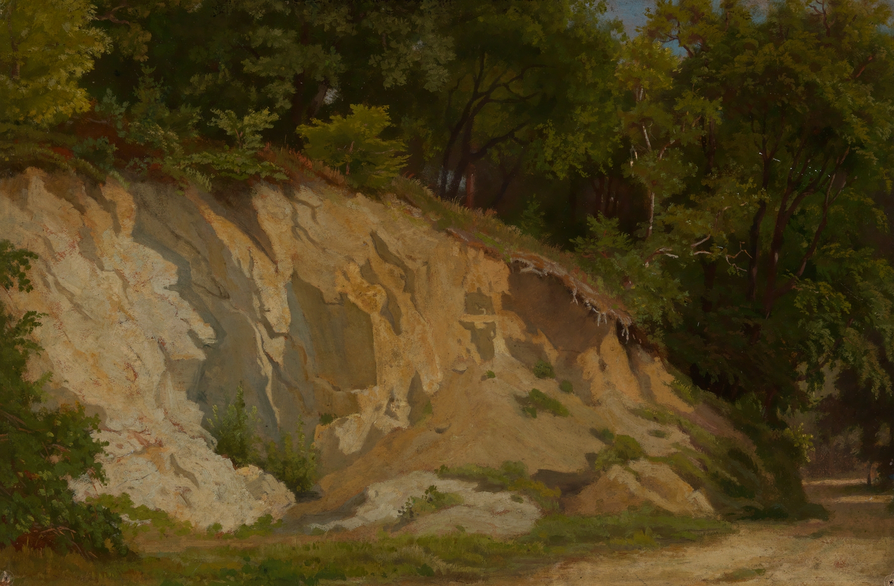 Landscape oil painting by Emil Lugo featuring a forest path and rocky cliff.