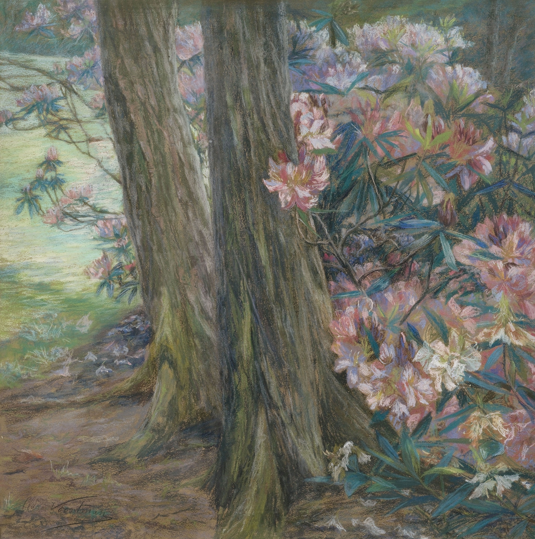 Rhododendronbusch in einem Garten by Clara Voortman-Dobbelaere, oil on canvas