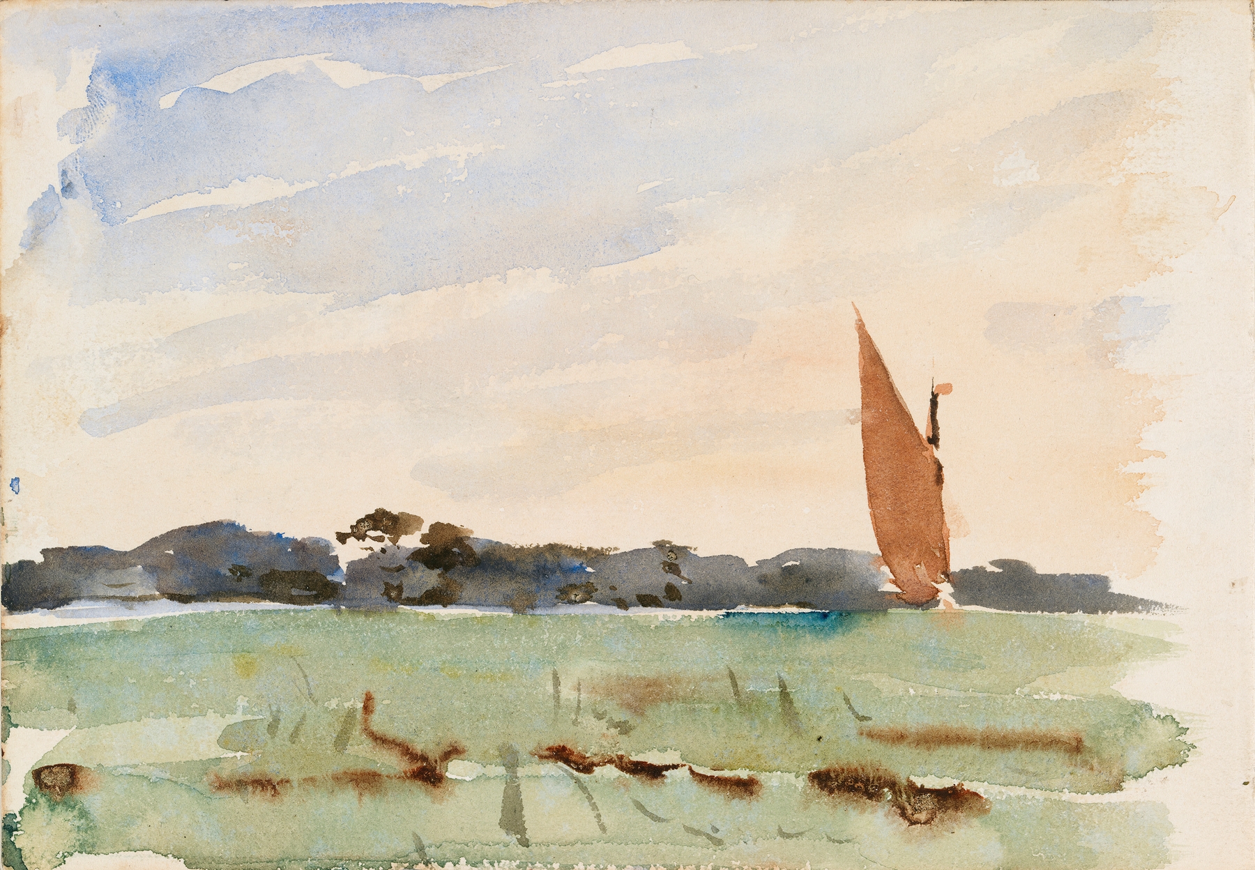 The Norfolk Broads, at Evening by Nathaniel Hone the Younger, oil painting depicting a tranquil river at sunset.