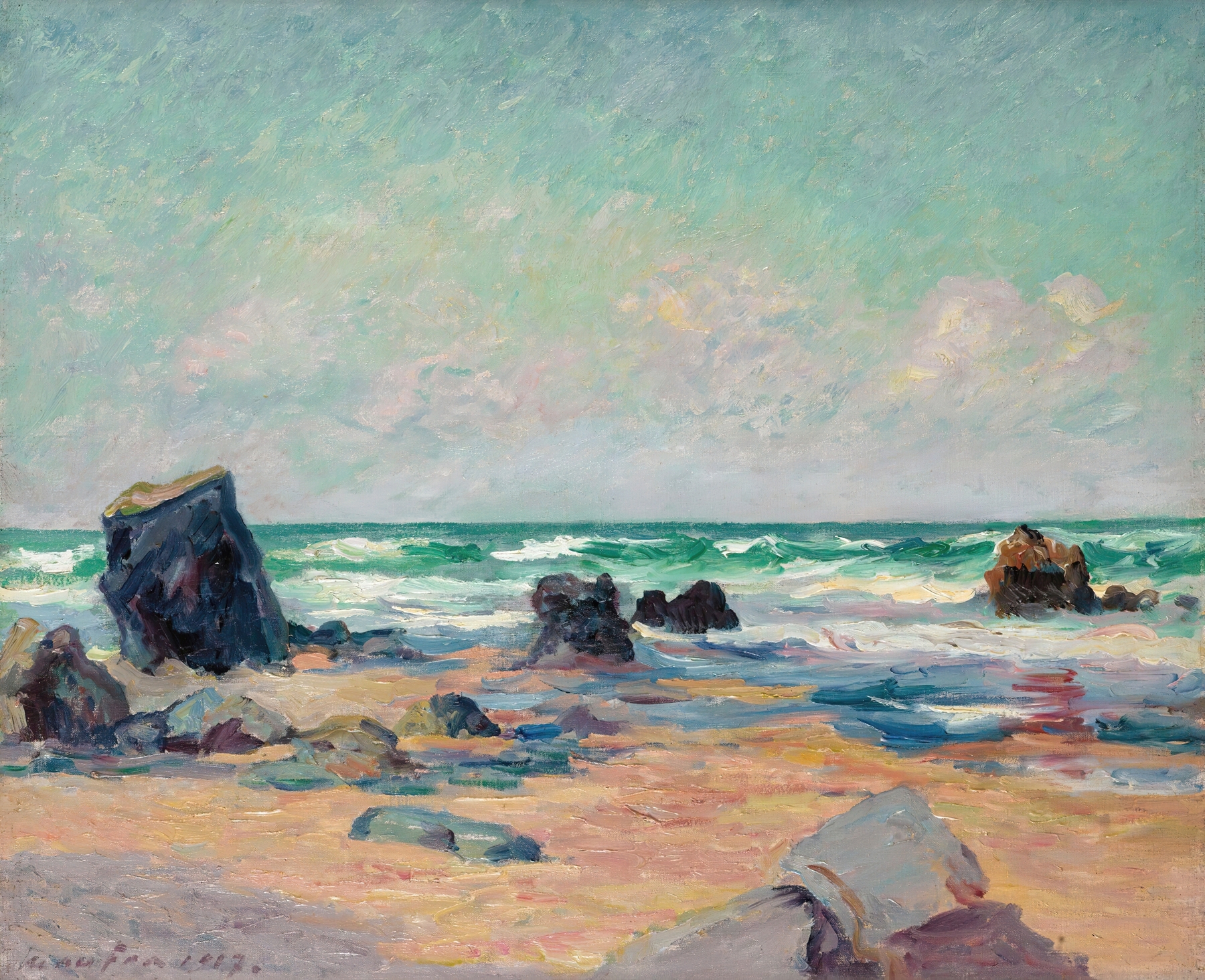 Oil on canvas by Maxime Maufra depicting a beach at low tide.
