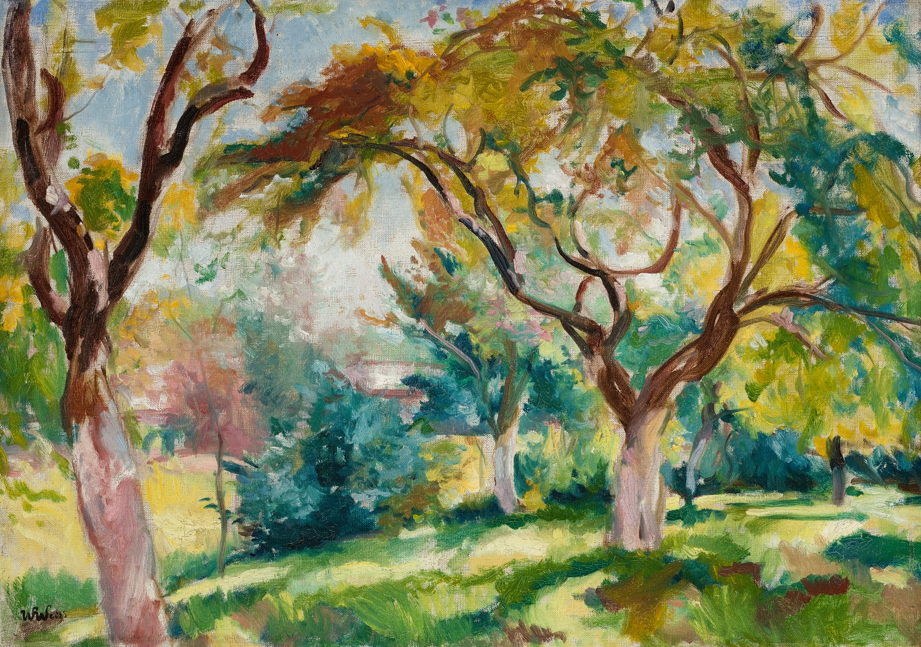 Landscape of apple trees in vibrant greens and browns by Wojciech Weiss, oil painting