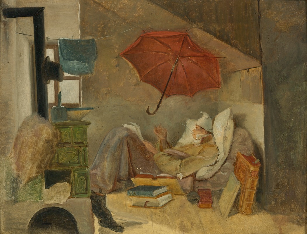 A depiction of a poor poet in a cluttered room, reflecting the struggles of creativity.