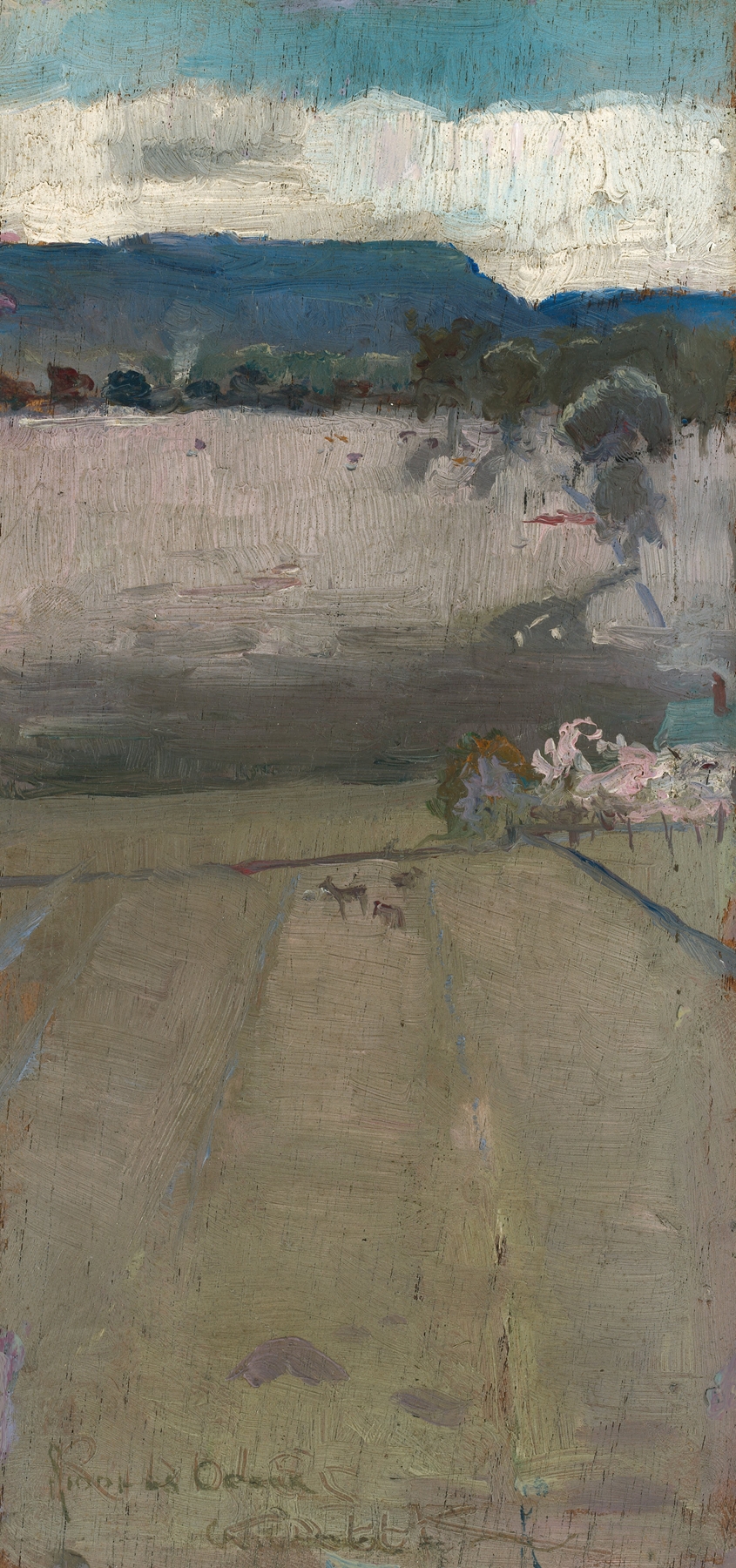 Riddell’s Creek by Charles Conder, oil on canvas depicting a tranquil river and forest.