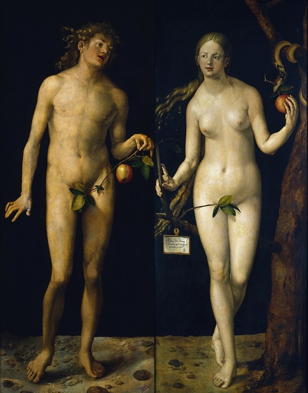 Albrecht Dürer's 'Adam and Eve' depicts the biblical figures in a lush garden setting.