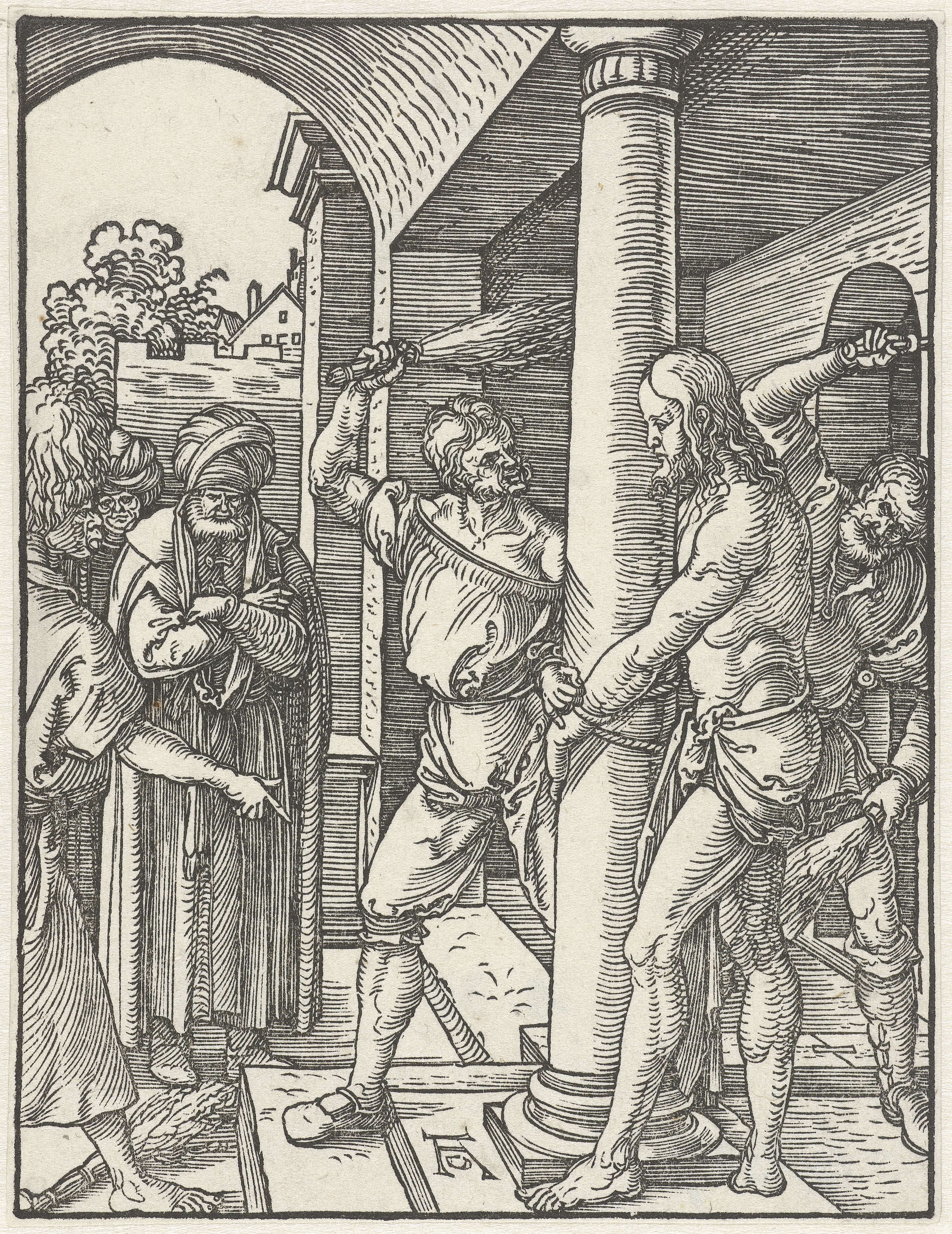 Religious etching by Albrecht Dürer depicting Christ bound with chiaroscuro effects.