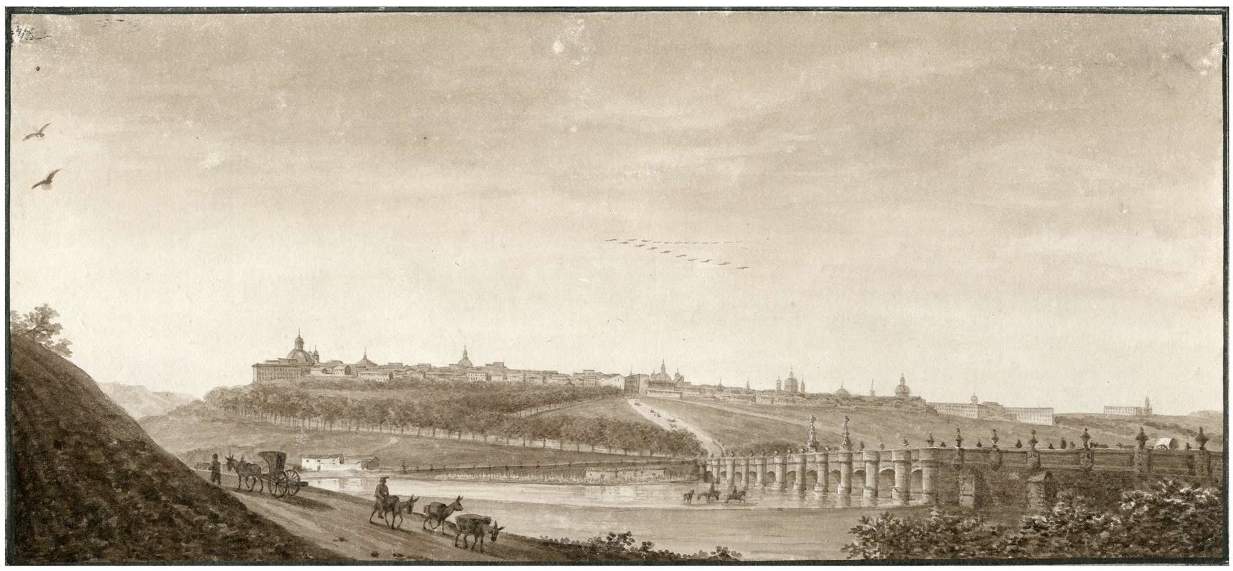 Landscape oil painting by Otto Howen depicting Madrid and the Toledo bridge