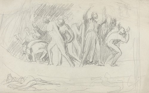This painting is a study for George Romney's 'The Deluge', showcasing dramatic figures and a tumultuous sky.