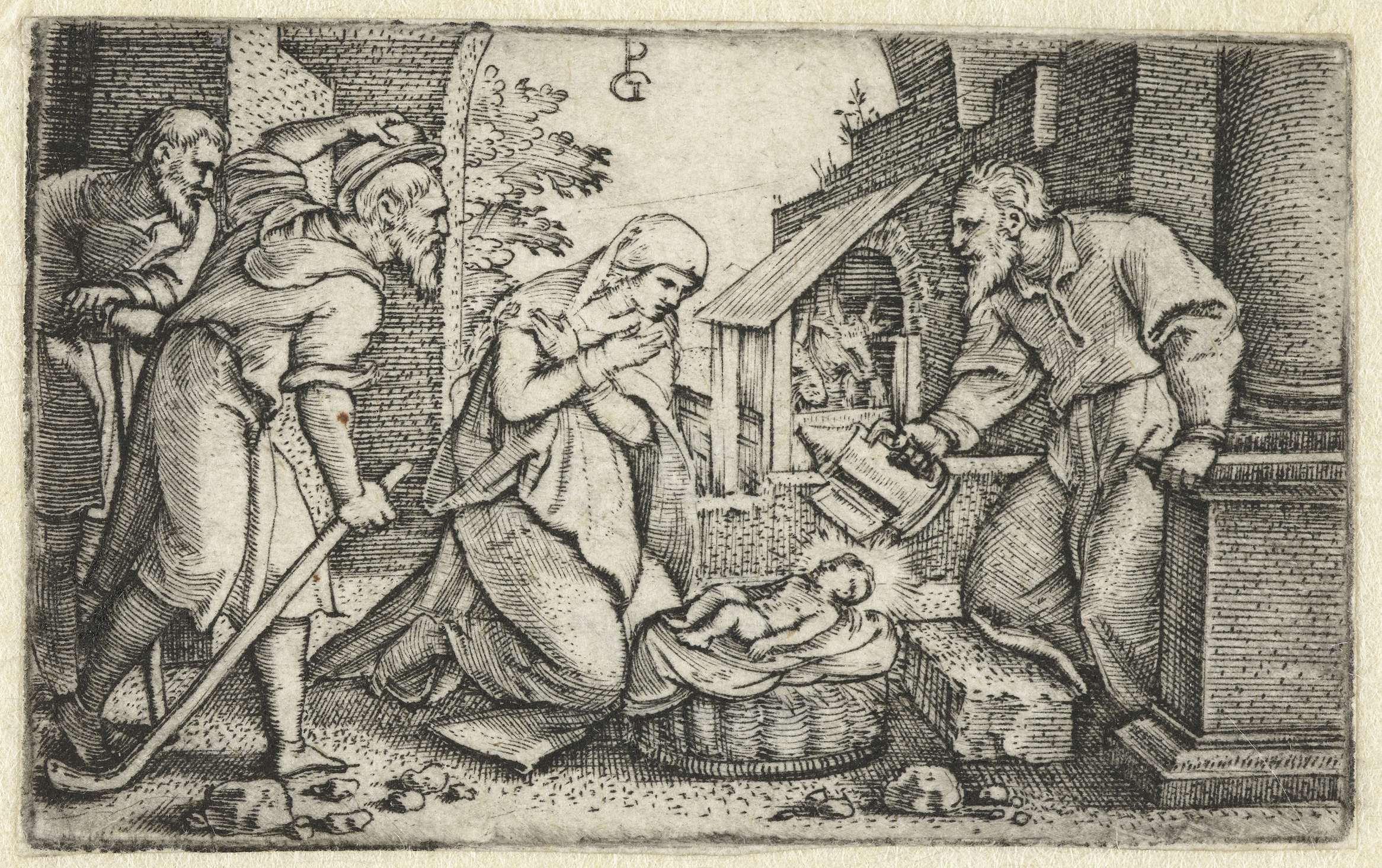 Engraving by Georg Pencz depicting the nativity scene with Virgin Mary and infant Christ