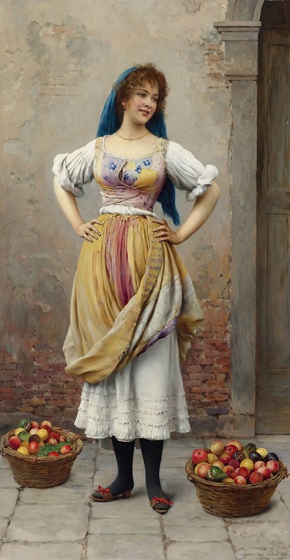 A young market girl stands with her basket in a bustling market scene.