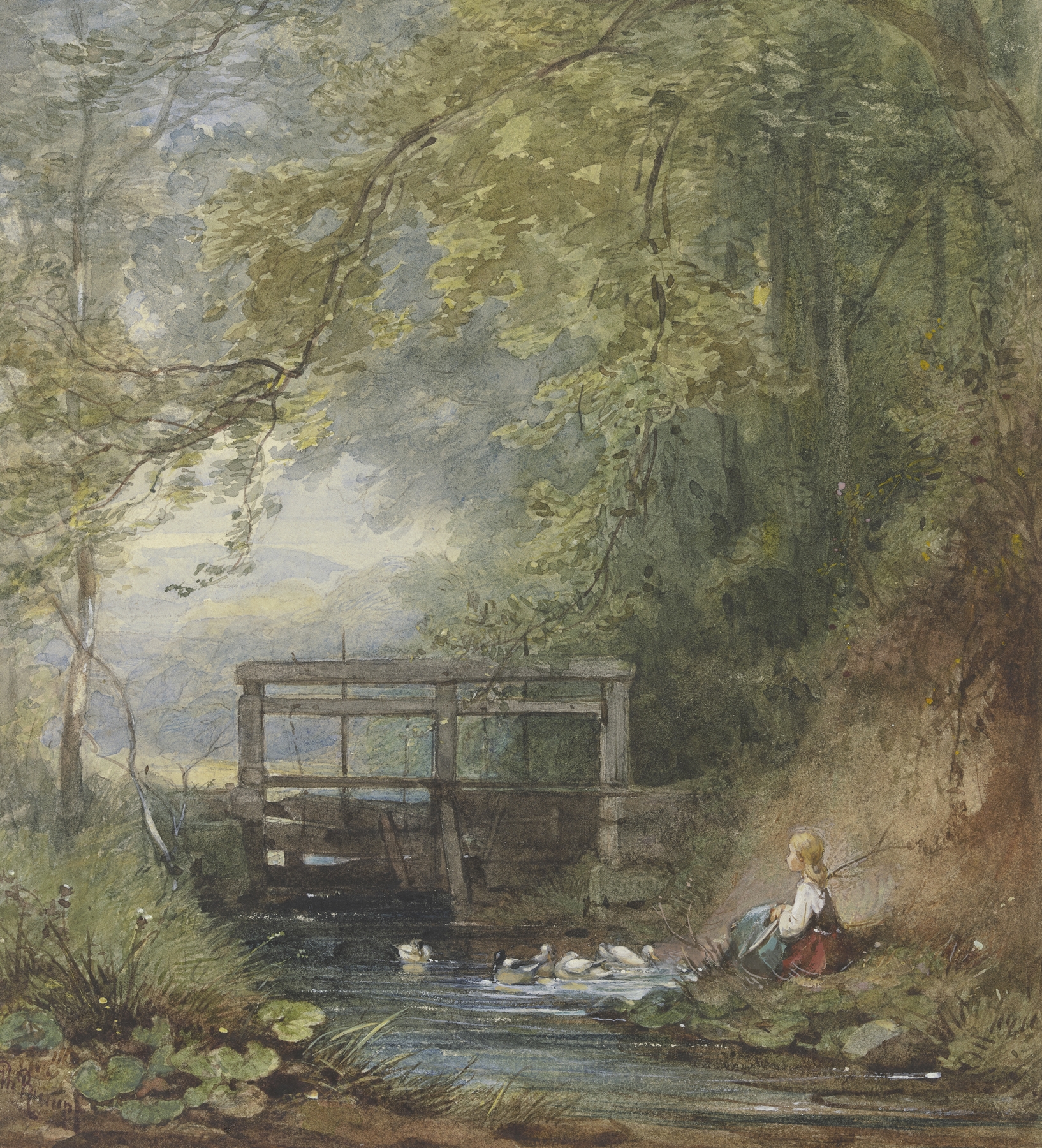 Gänsehirtin an einer Schleuse, oil on canvas by Philipp Rumpf, depicting a serene gooseherd by the water.